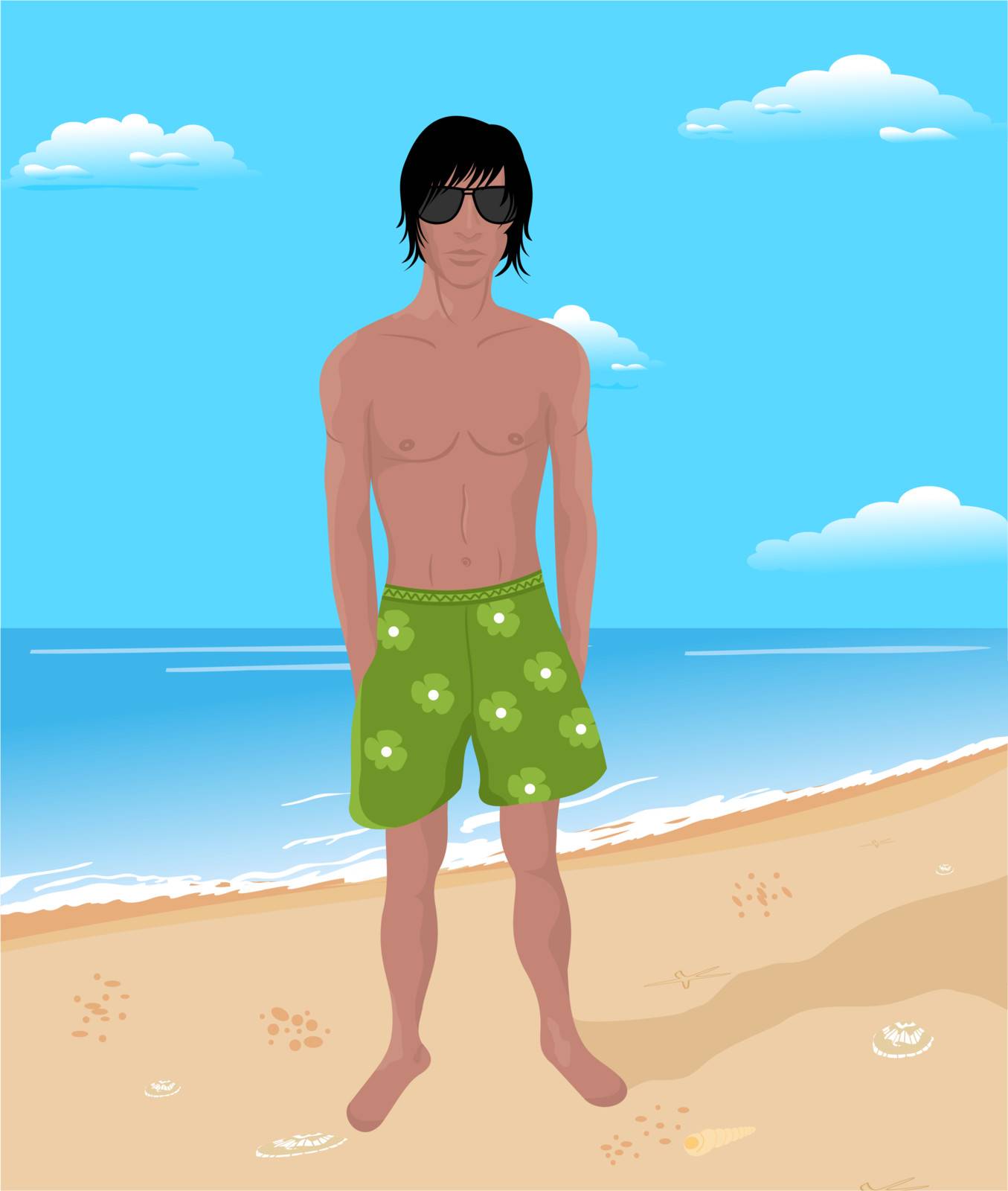 Illustration brawny man on beach - vector