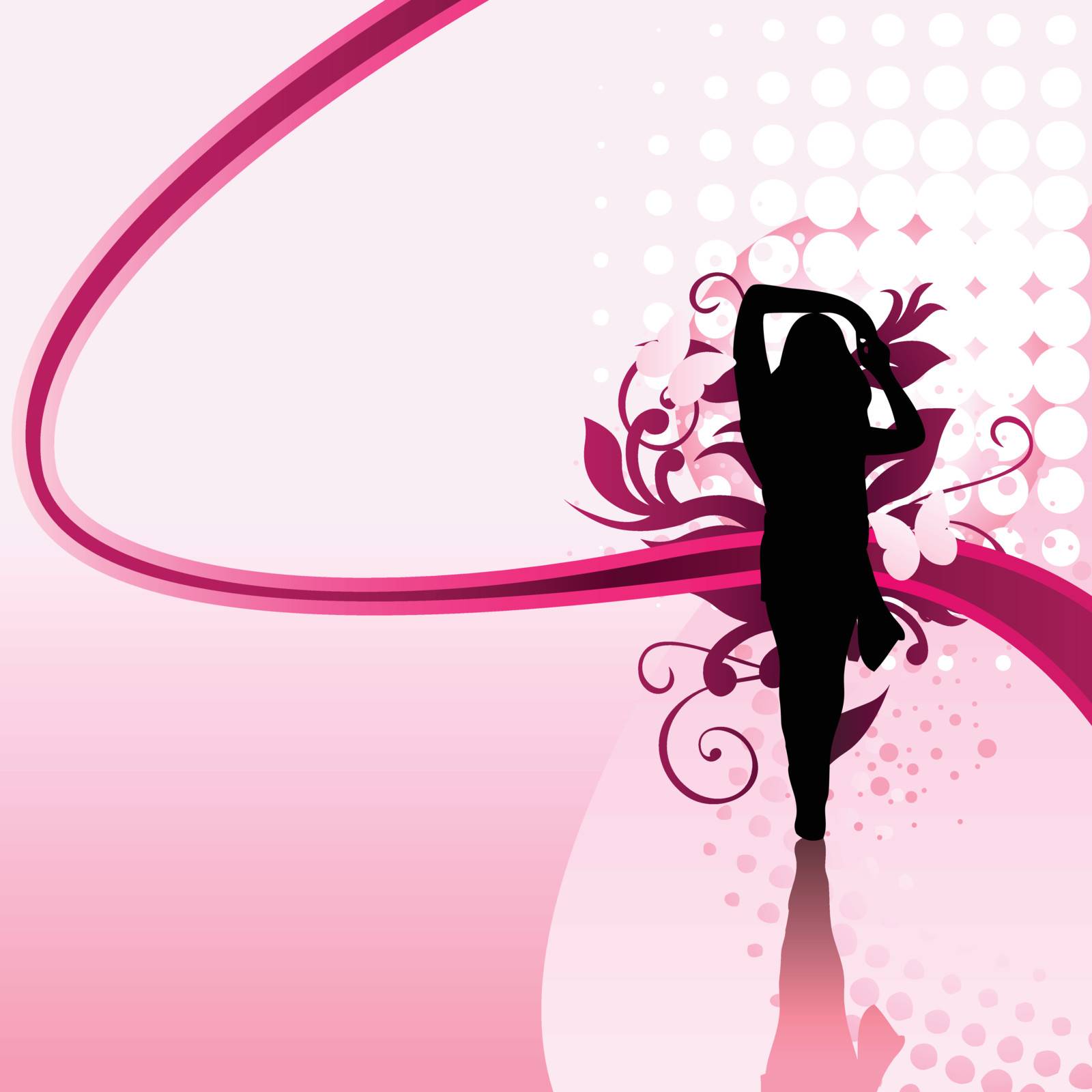 Beautiful girl silhouette with pink swirls and dots