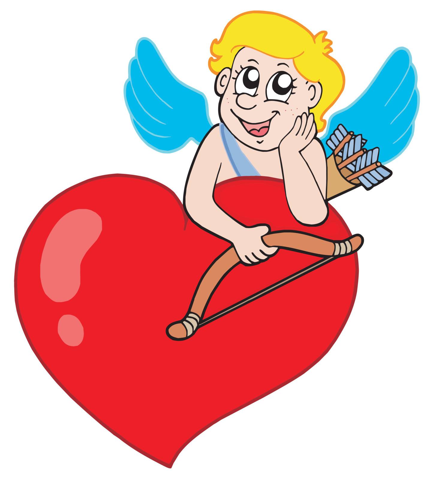 Cute cupid resting on heart - vector illustration.