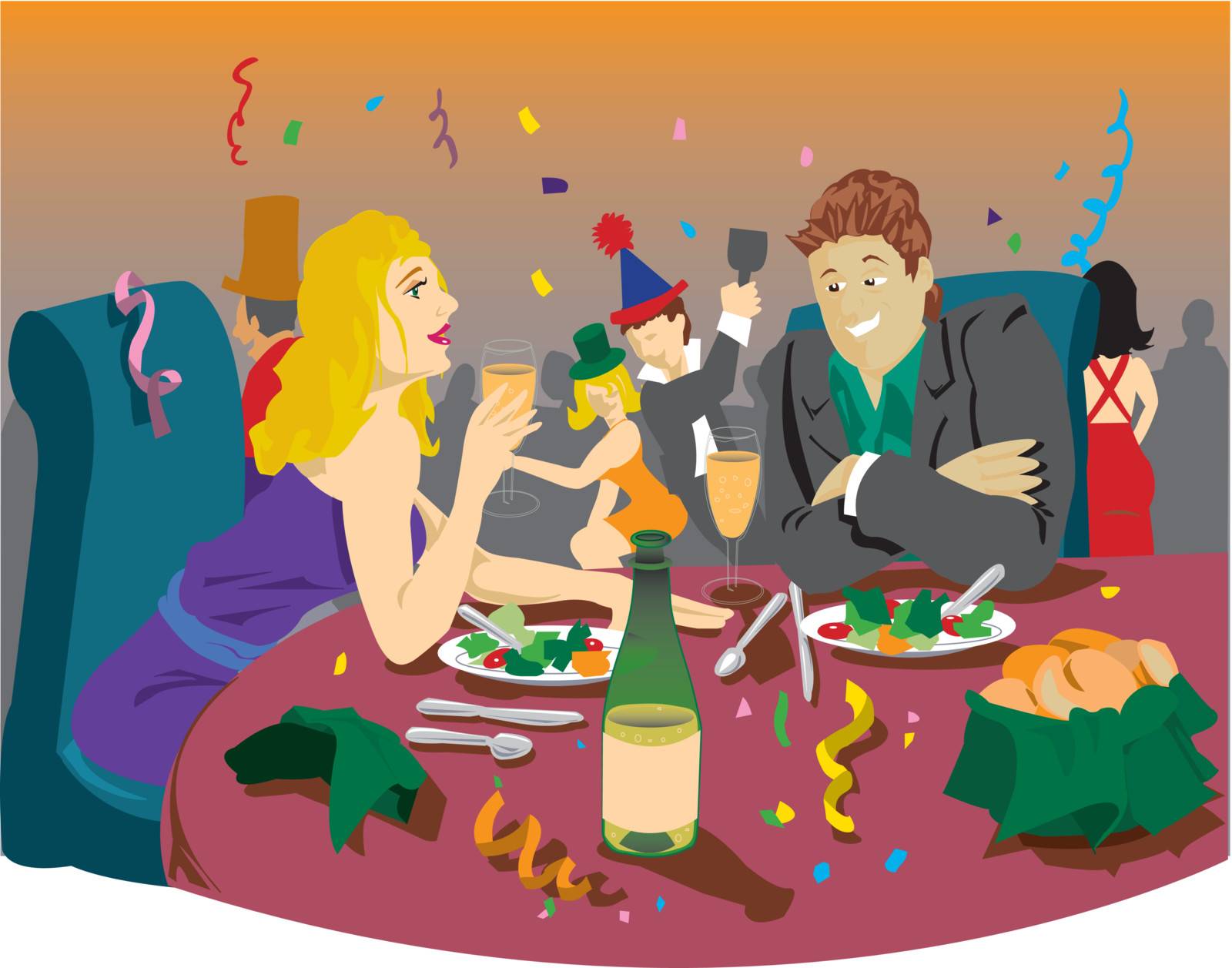Man and woman at dinner party for a festive occasion with people dancing and having fun in the background. Linear gradients are included. Created from an original drawing. Vector file items are grouped and layered for easy editing.