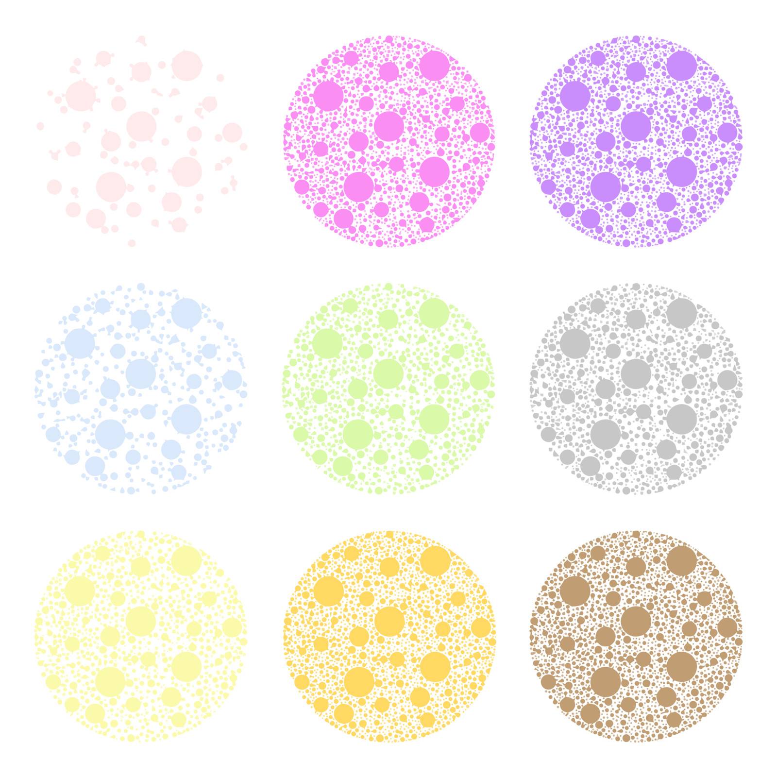 Different color polka dots collection on white background