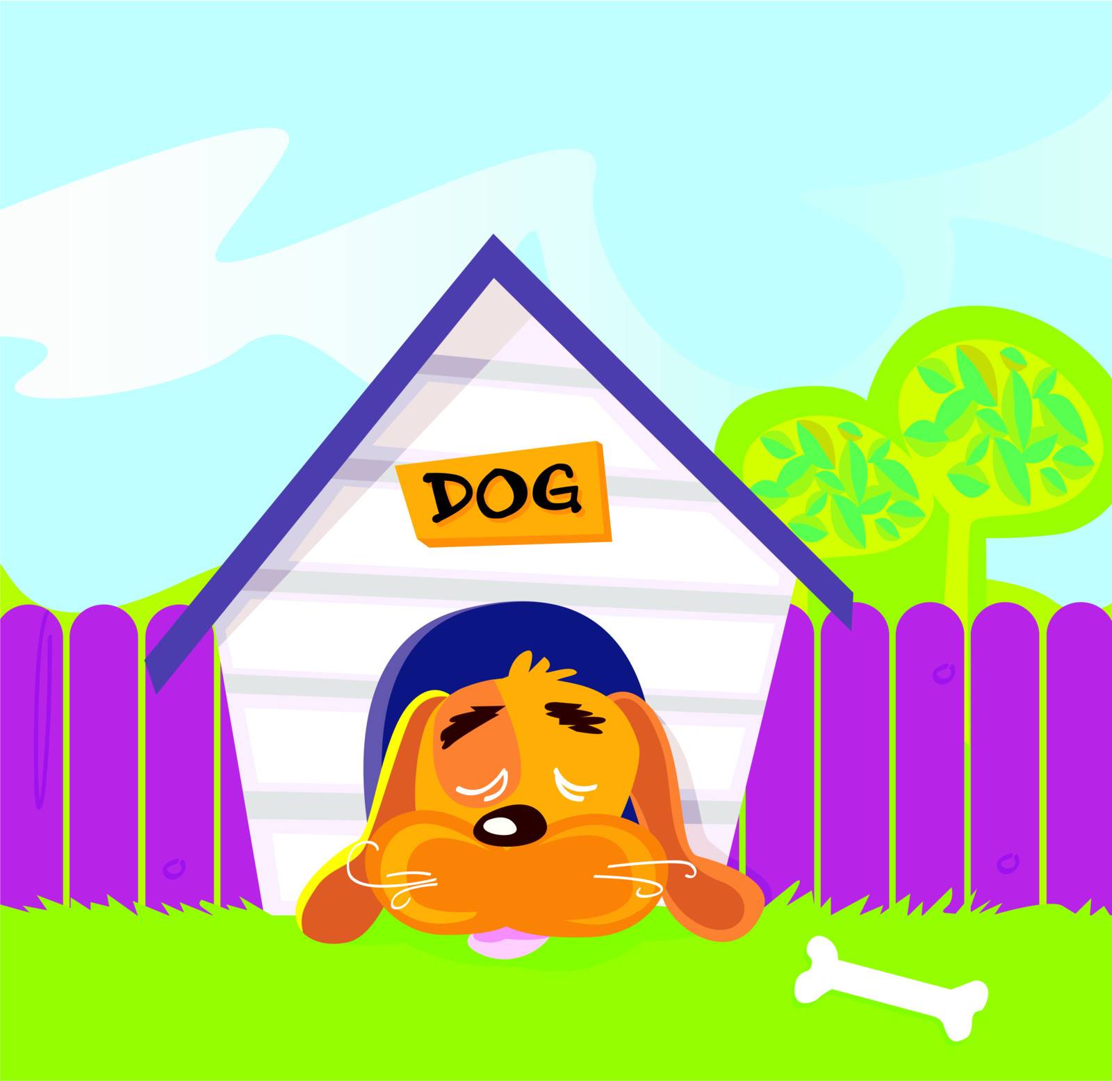 Cute dog sleep in dog house. Vector Illustration.