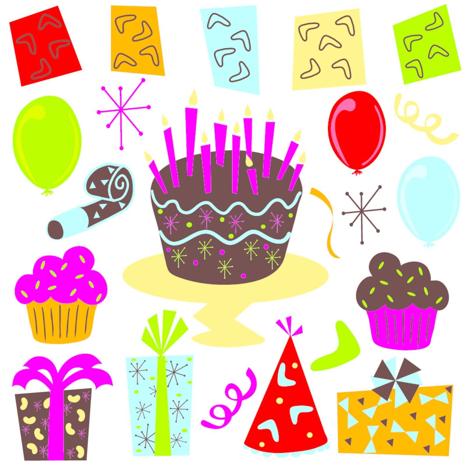 Retro Birthday Party clipart with birthday cake, cupcakes, balloons, streamers, party favors, presents and 1950's symbols