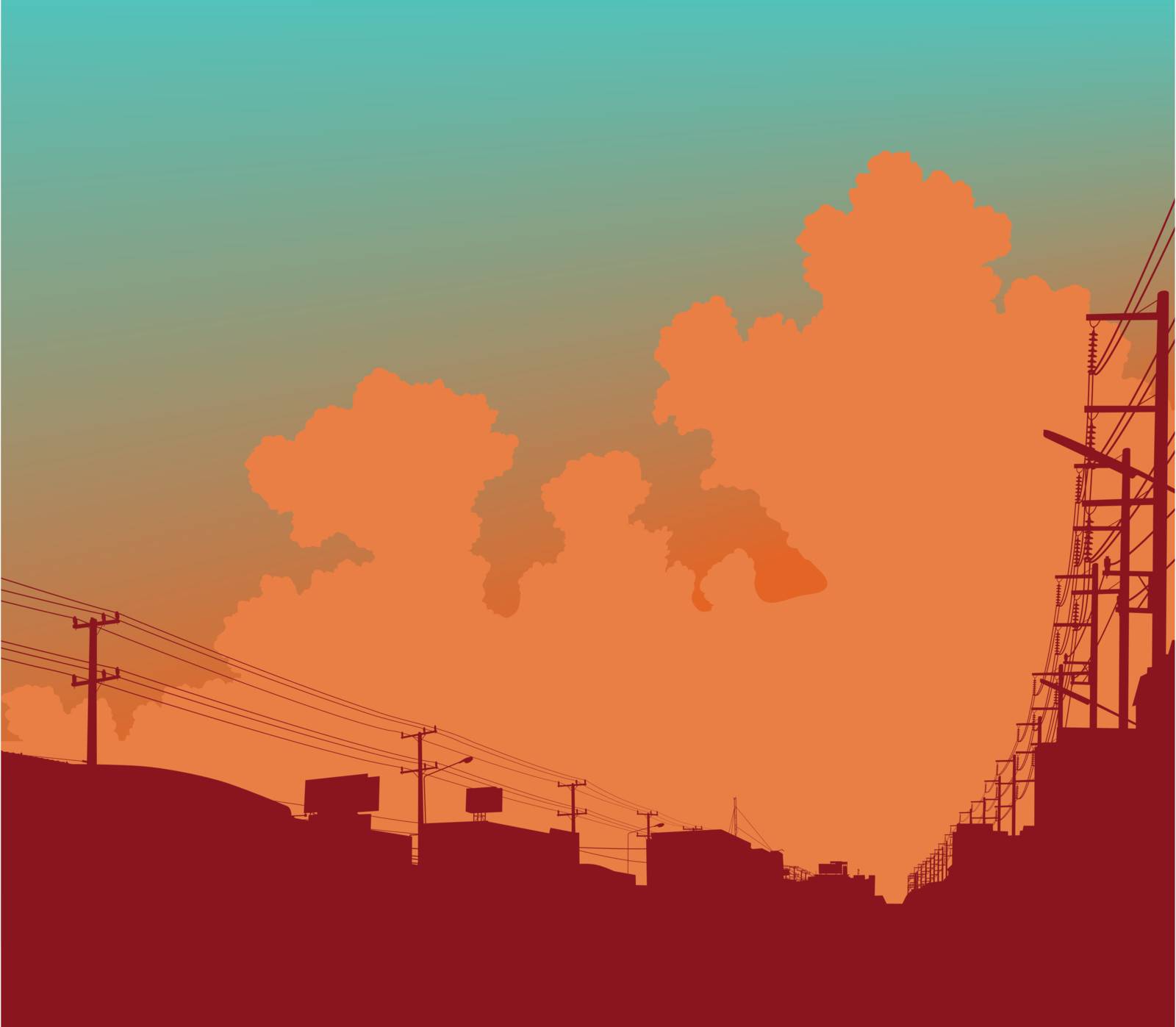 Editable vector illustration of clouds over a city