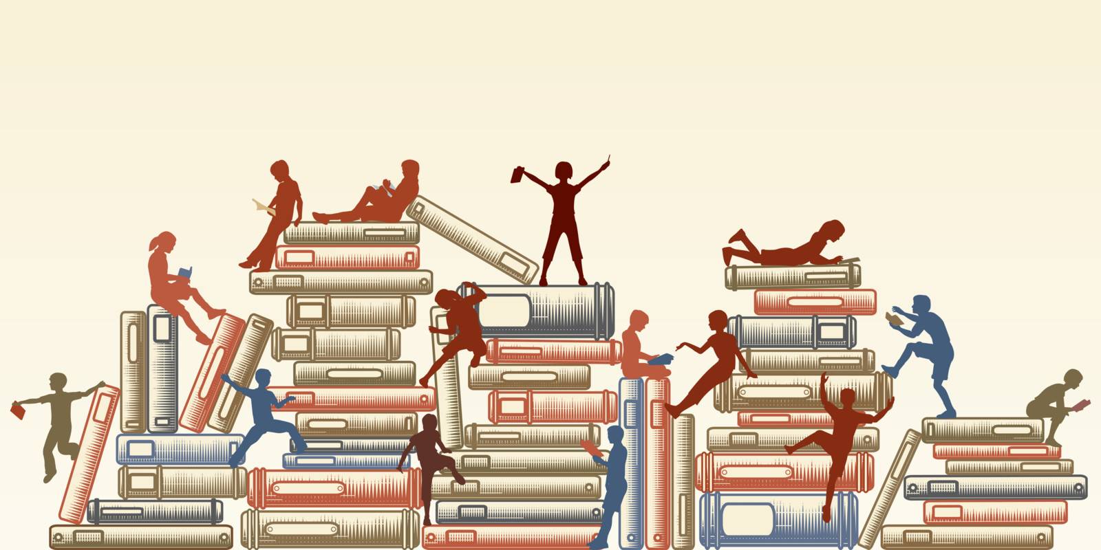 Editable vector illustration of children reading and clambering over piles of books