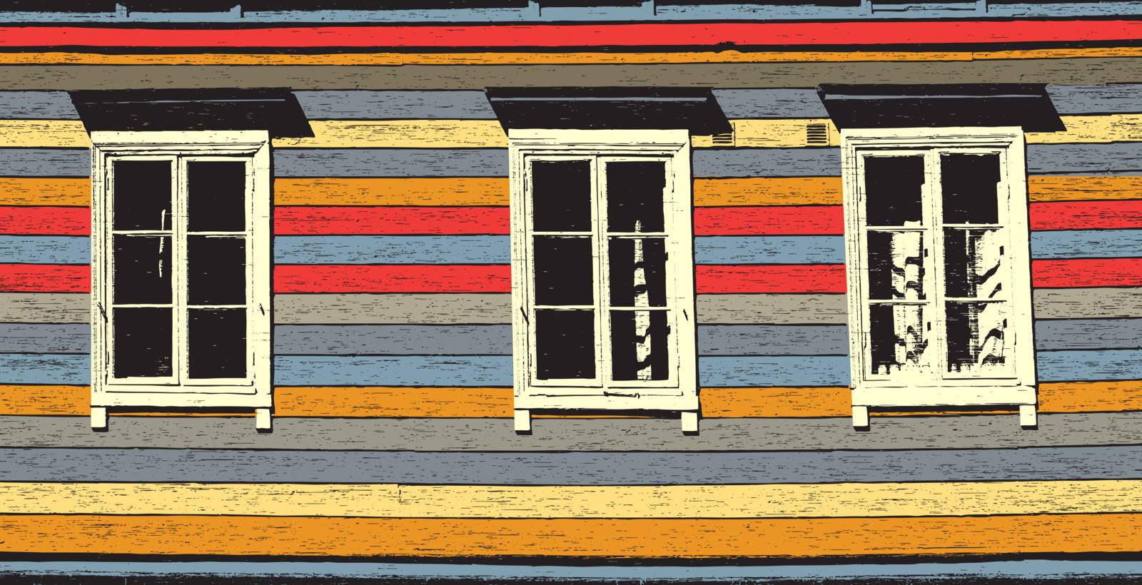Colorful editable vector illustration of three wooden windows 