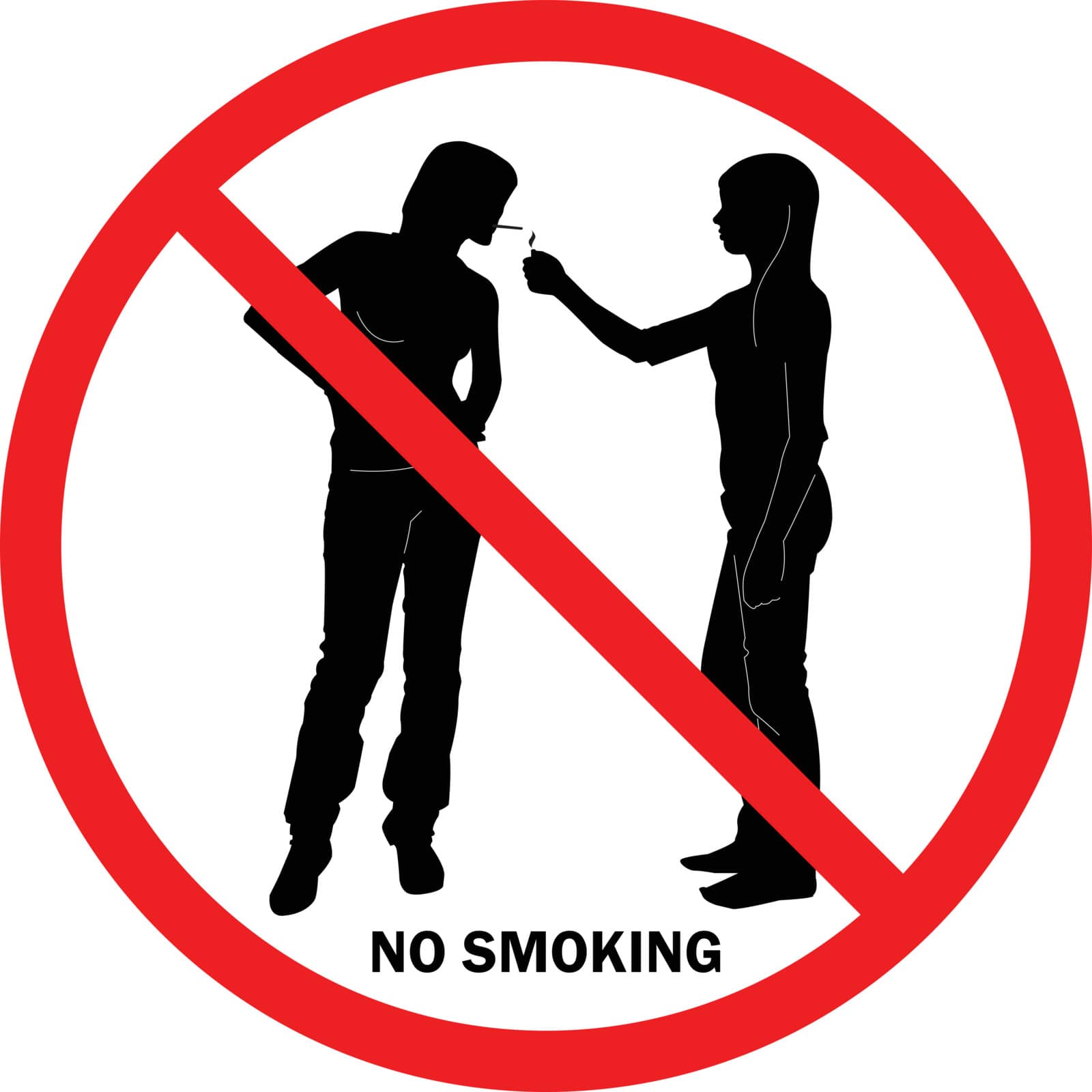 Sign NO SMOKING with two young ladies in red round