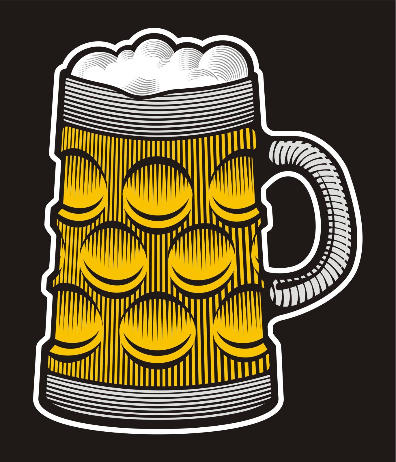 Beer mug illustration with woodcut shading on black background.