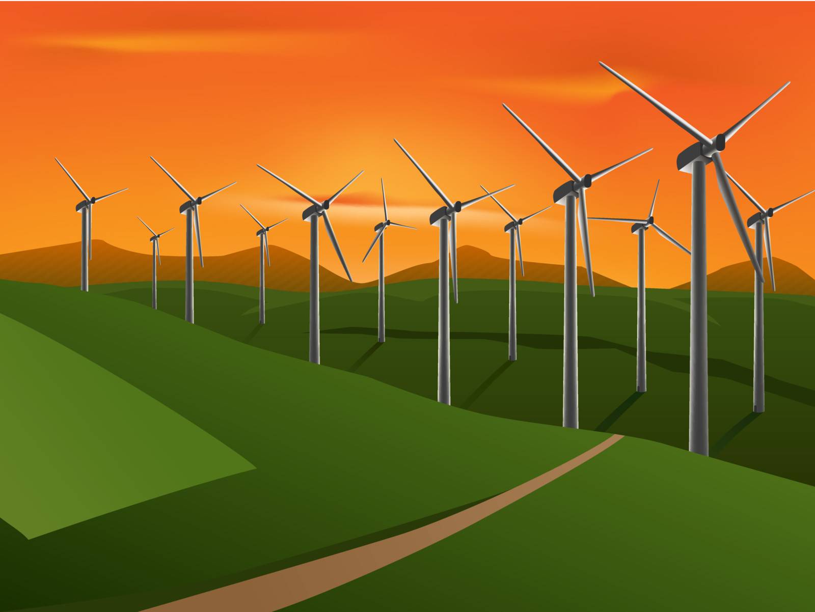 vector illustration of wind turbine on the green fields in the sunset