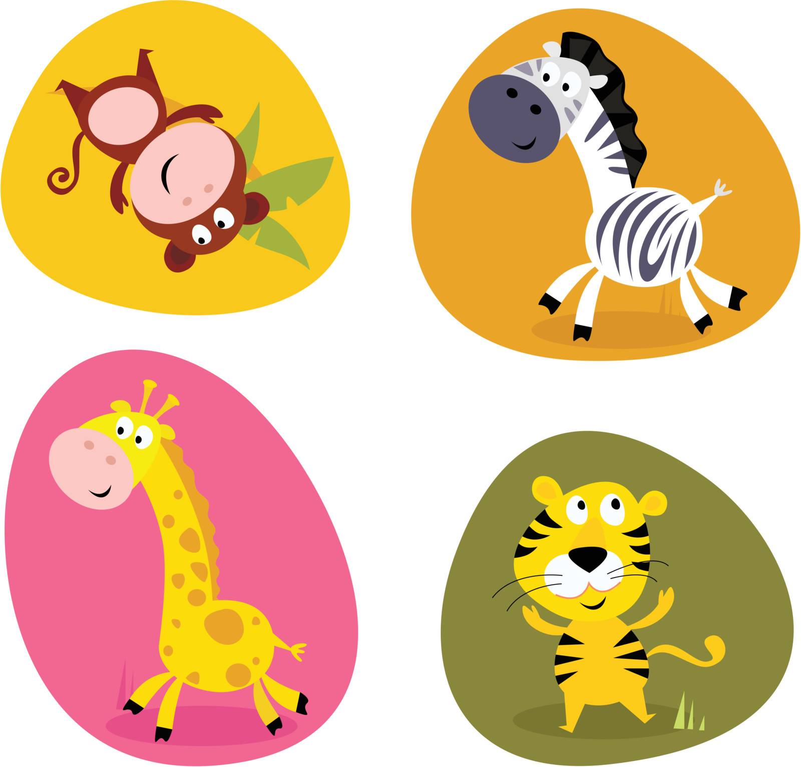 Vector cartoon illustration of monkey, tiger, giraffe and zebra