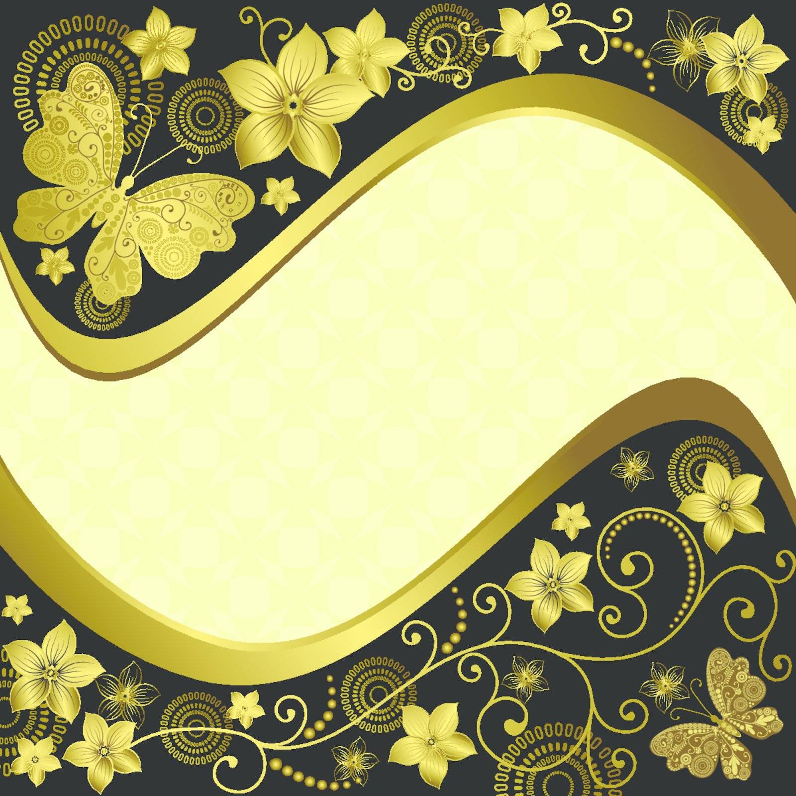 Decorative black and golden frame with flowers and butterflies (vector)