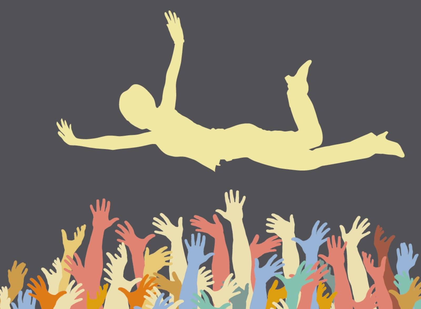 Editable vector illustration of a woman being caught by many hands