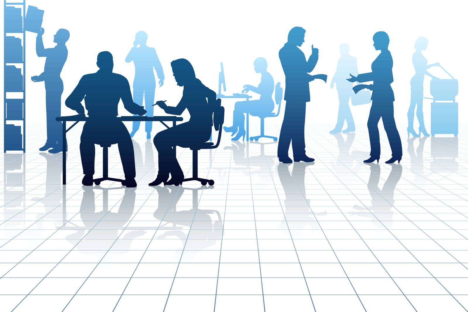 Editable vector silhouettes of people in a busy office with reflections