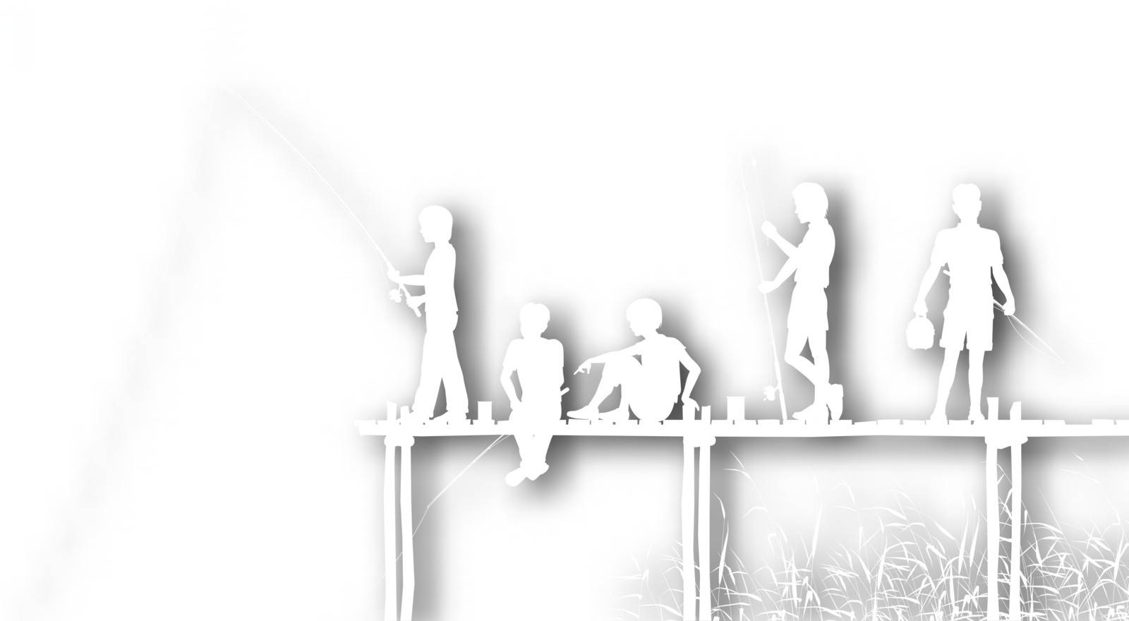 Editable vector cutout of children fishing from a wooden jetty with background shadow made using a gradient mesh