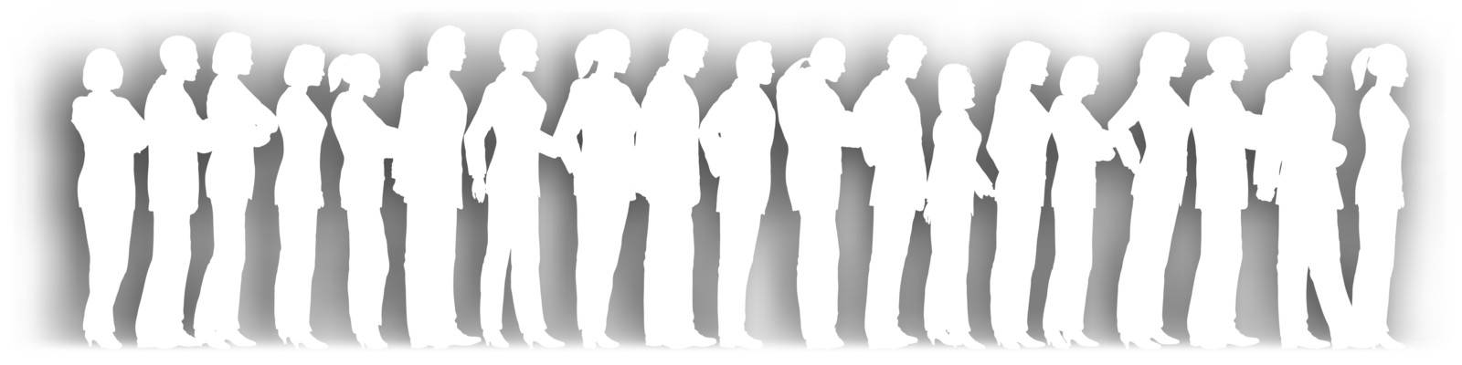 Editable vector cutout of people standing in a queue with background shadow made using a gradient mesh