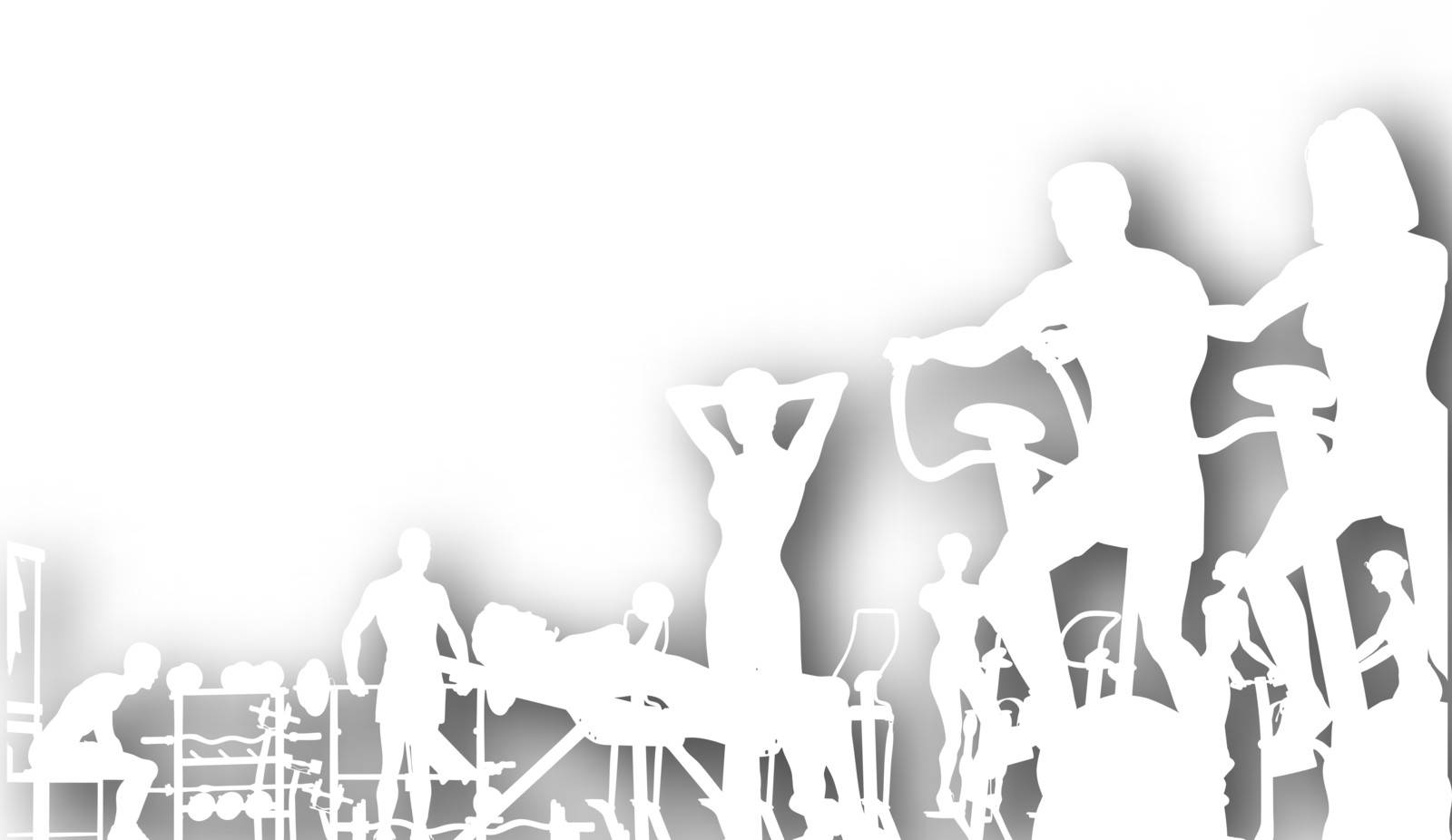 Editable vector cutout of people exercising in a gym with background shadow made using a gradient mesh