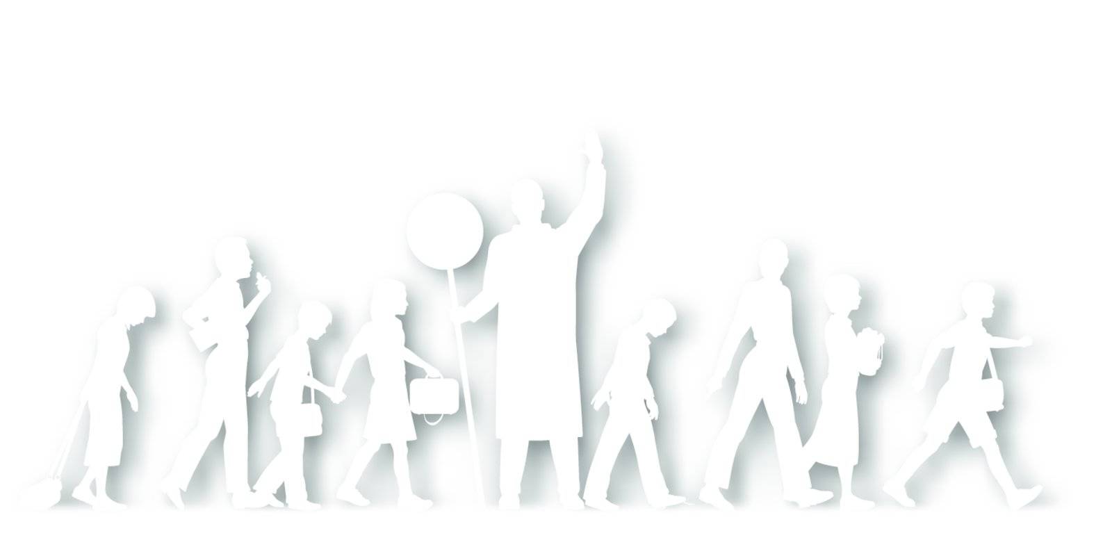 Editable vector cutout silhouettes of school children crossing a road with background shadow made using a gradient mesh