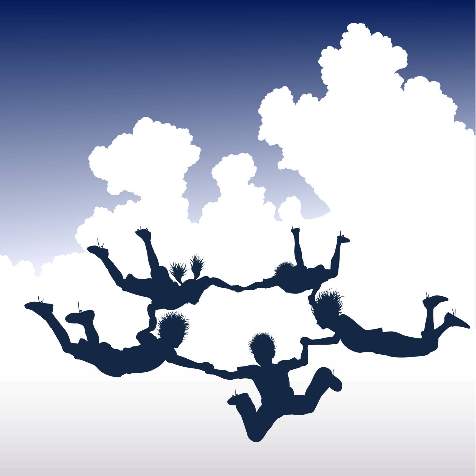 Editable vector illustration of a ring of skydiving children