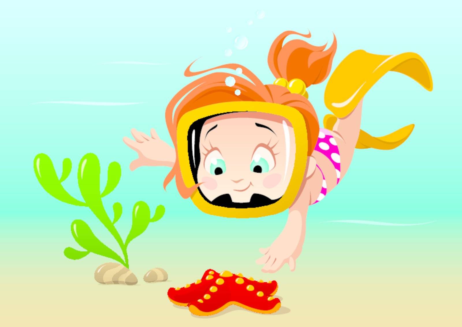 The diving Girl with starfish, 
vector illustration