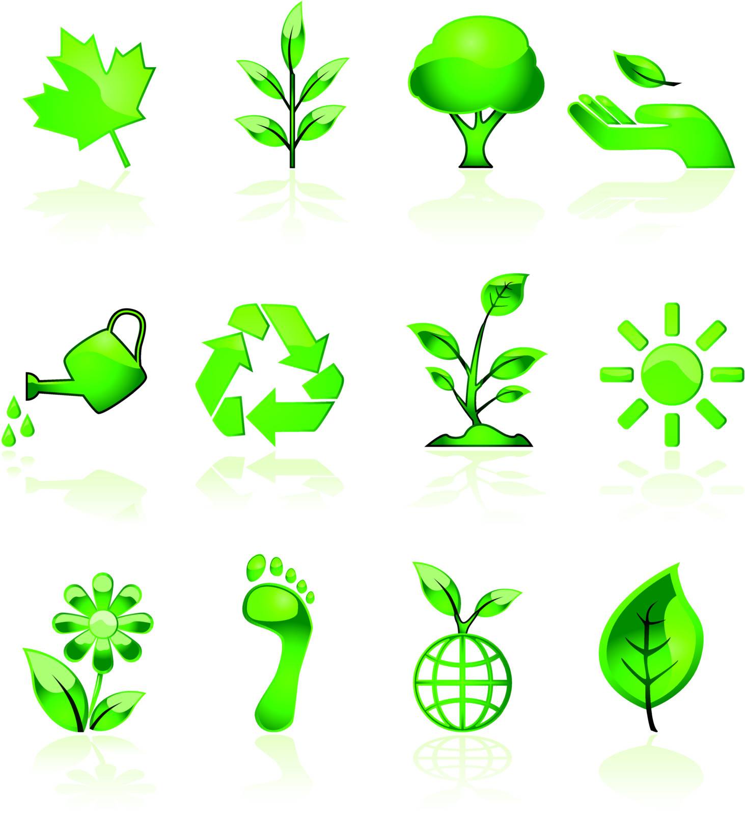 Illustration set of glossy green environmental icons