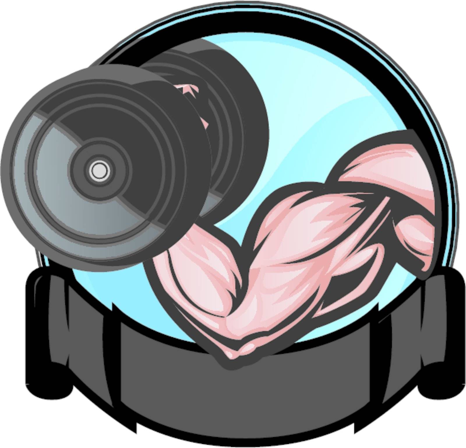 Muscular bicep flexing/performing arm curl. The arm and dumbell are on separate layers as are the background elements.