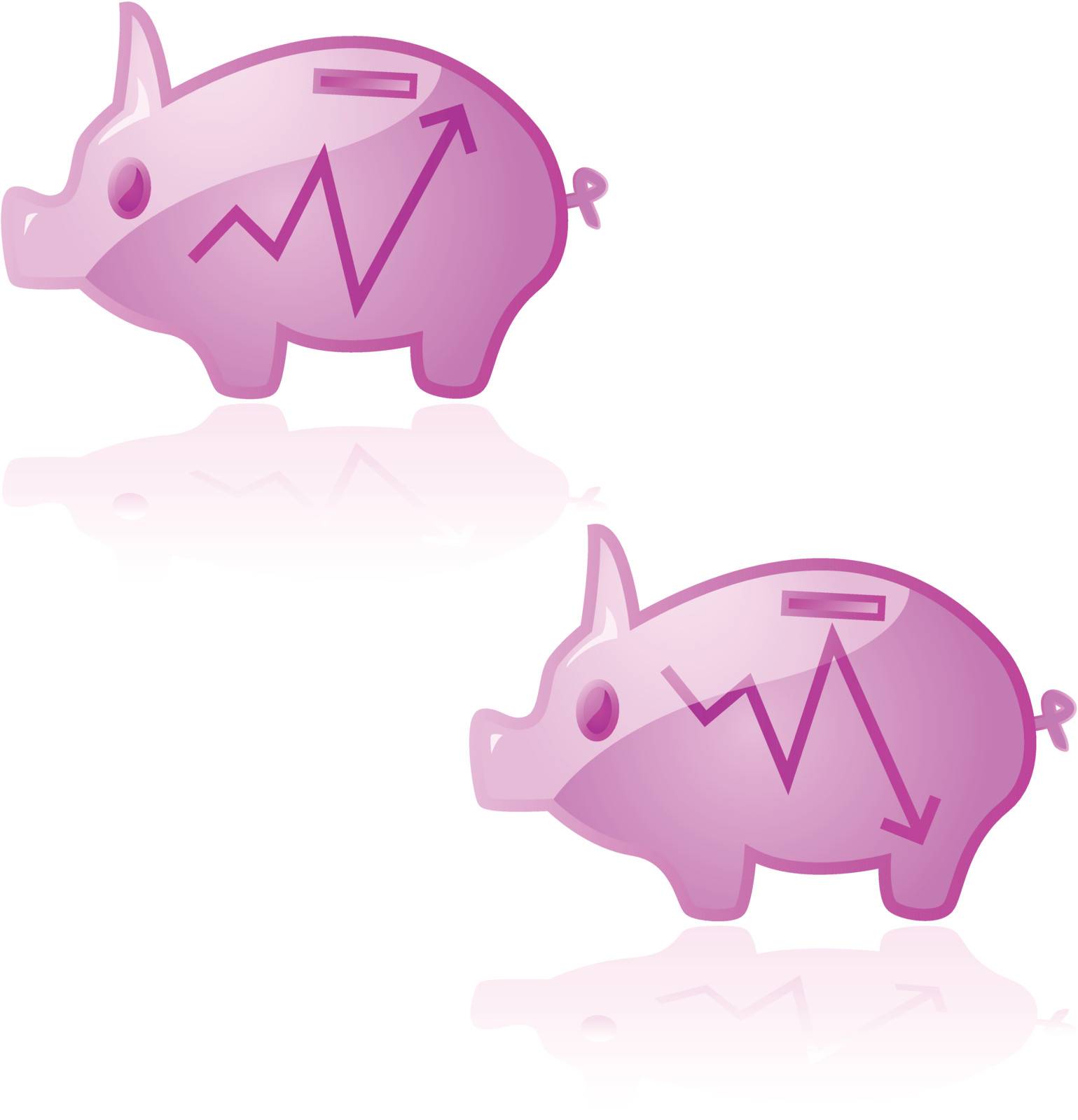 Glossy illustration of a piggy bank reflecting the ups and downs of the market