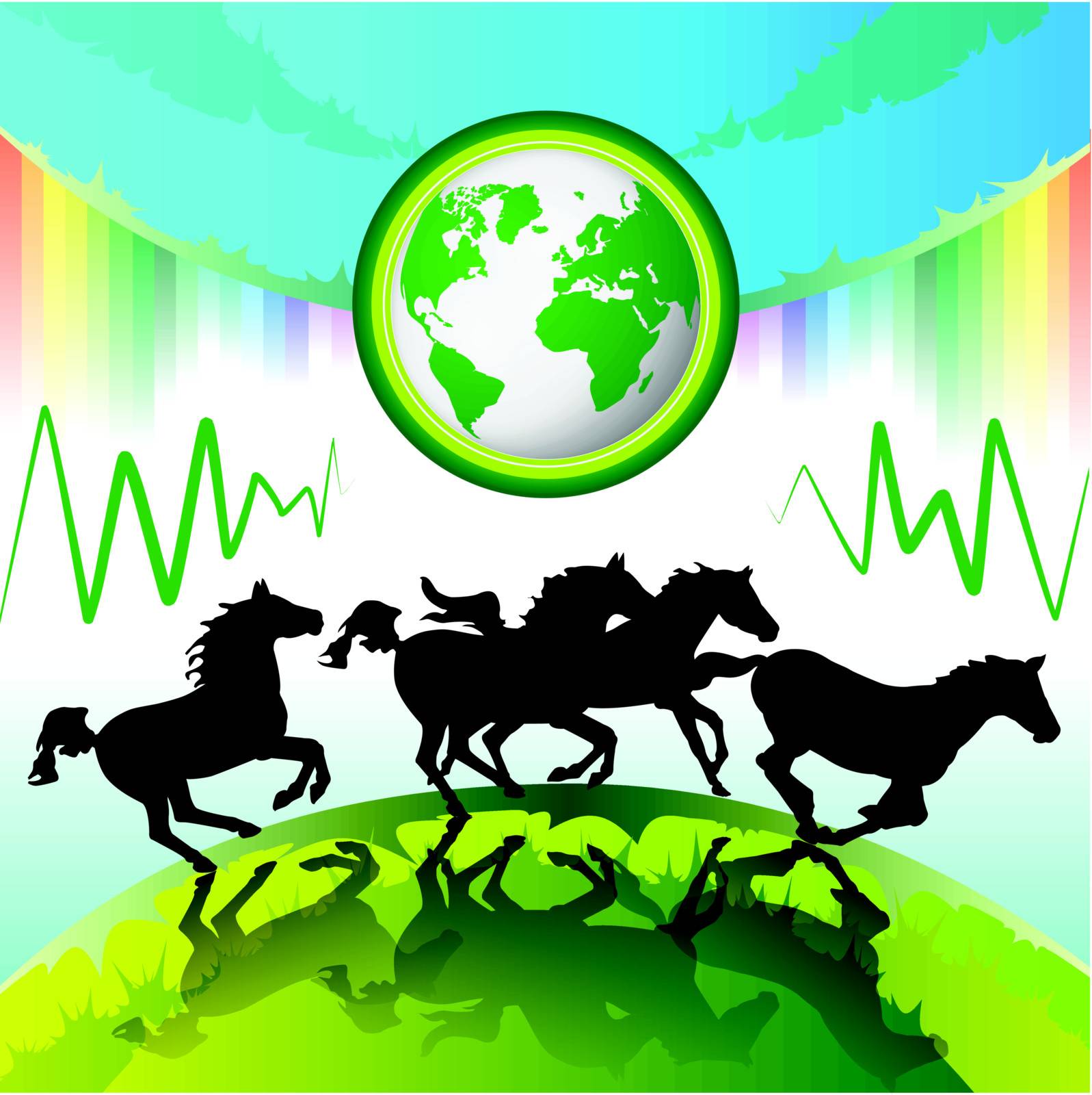 Running horses, Eco Earth with raibow