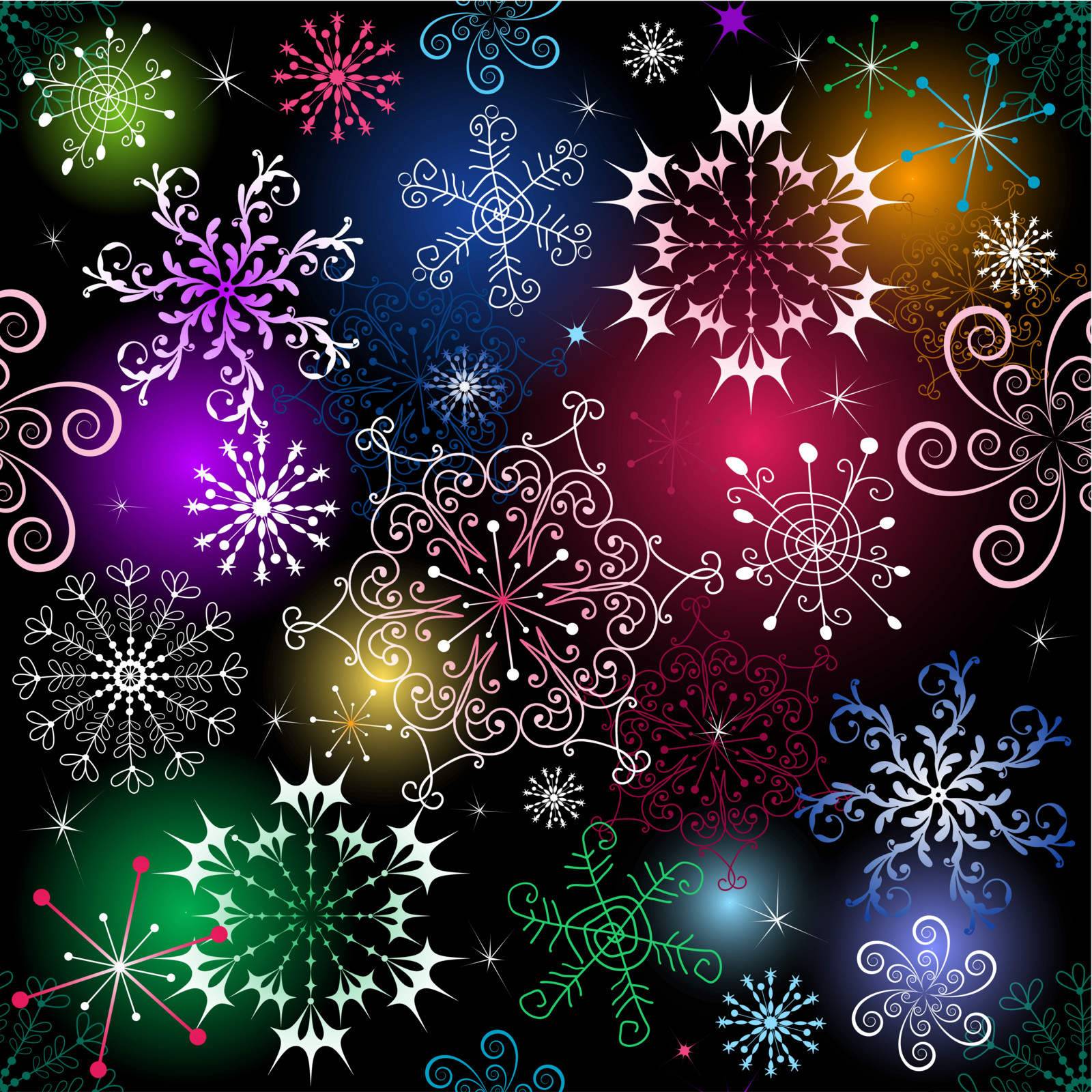 Seamless black christmas pattern with vivid snowflakes (vector EPS 10)