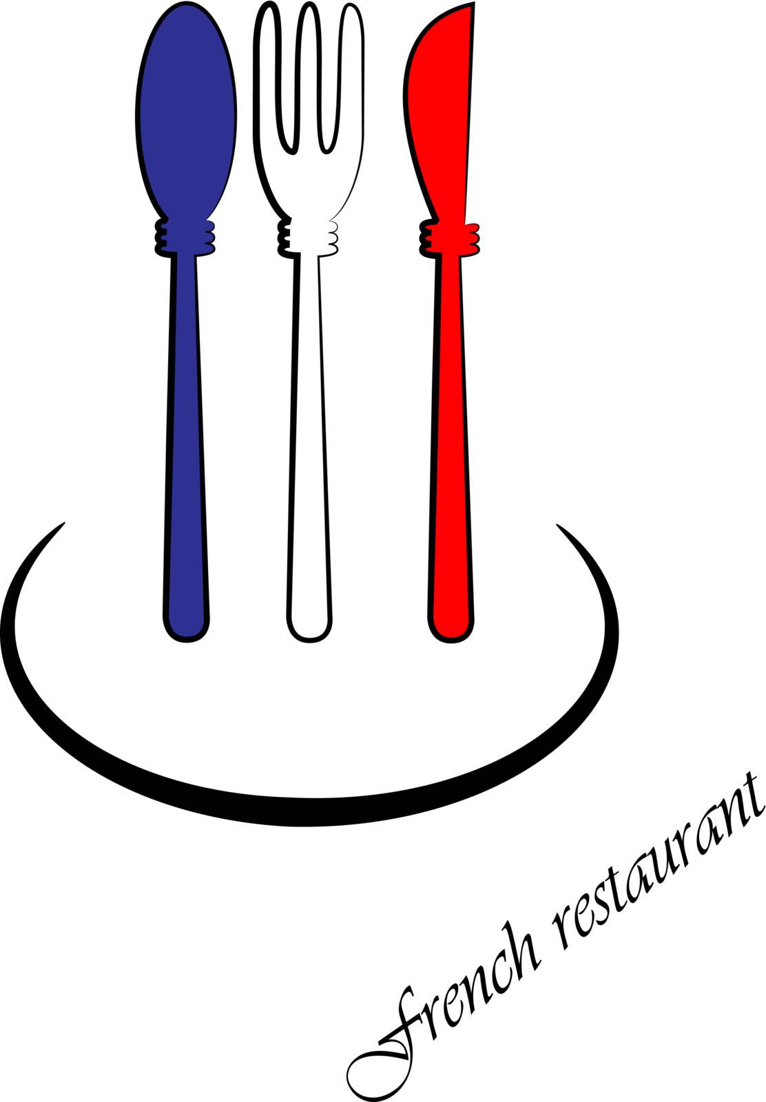 Vector picture of spoon, fork and knife. Colors of french flag. RGB