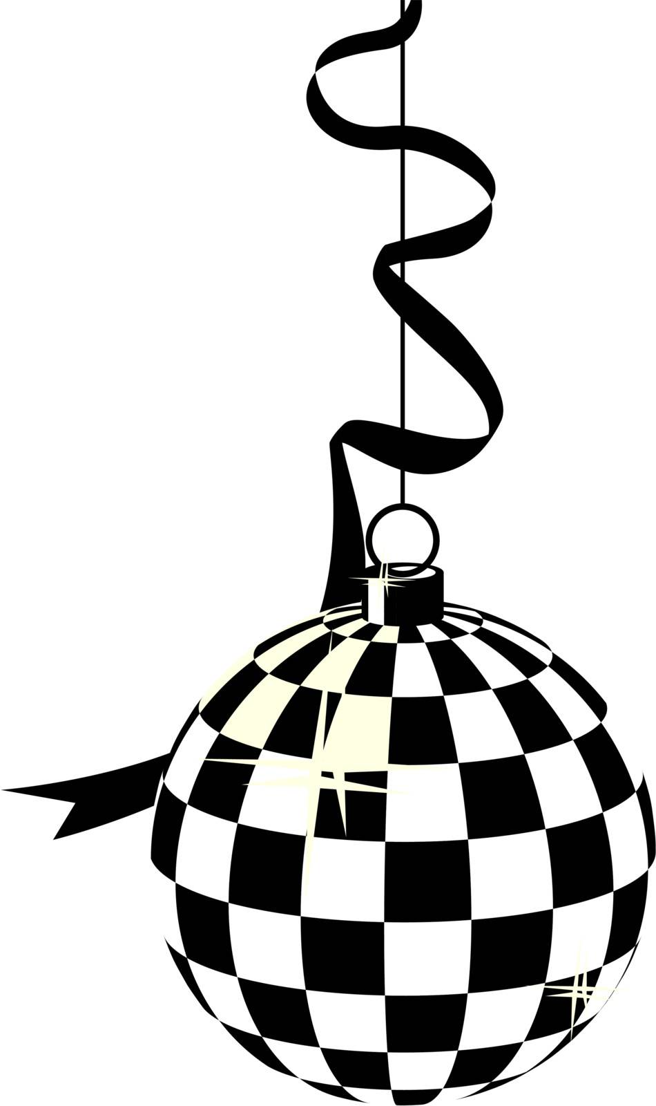 Stylized black-and-white hanging disco ball and ribbon