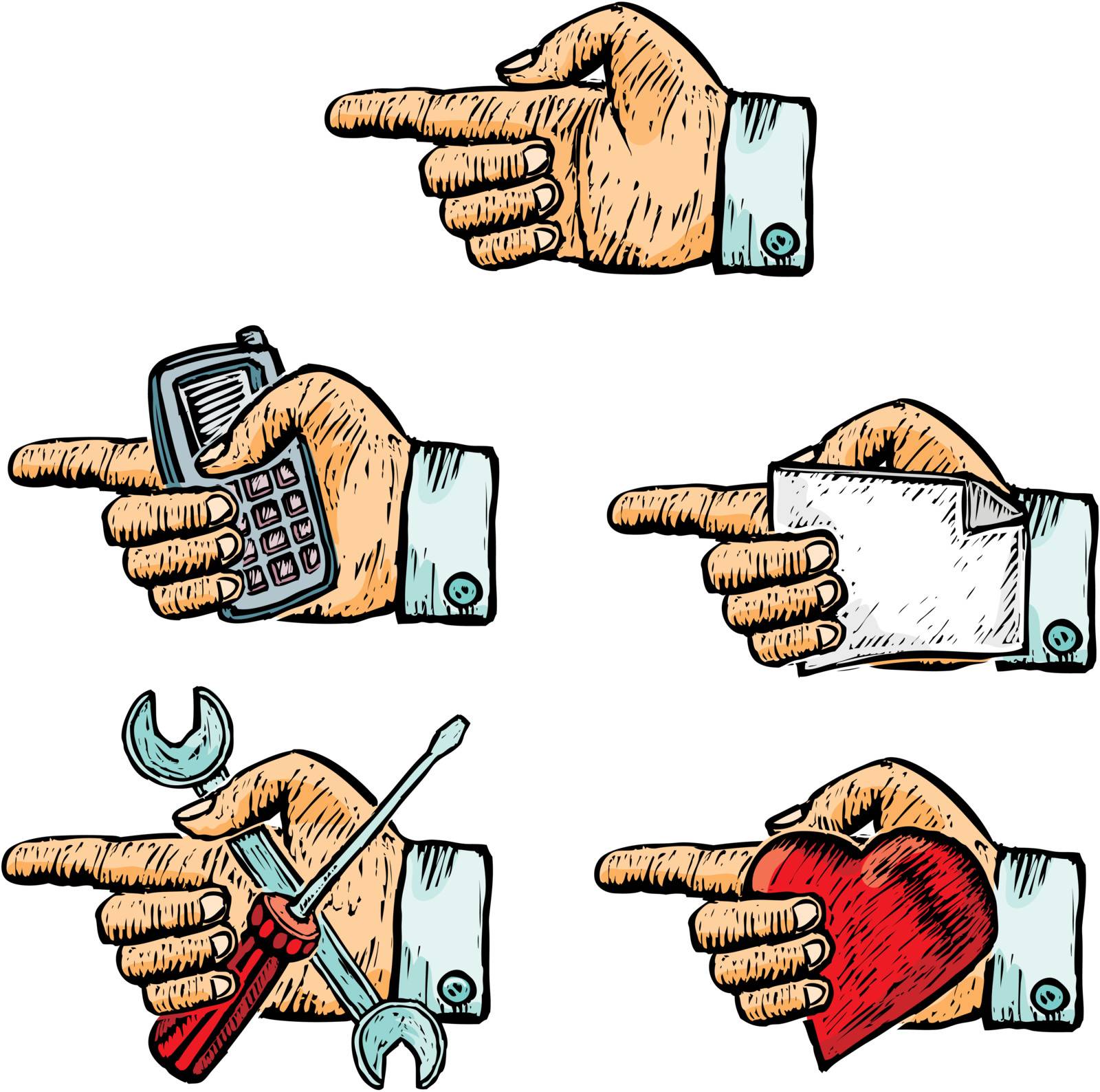 Five hands with various objects inside in engrave style. Rude icons