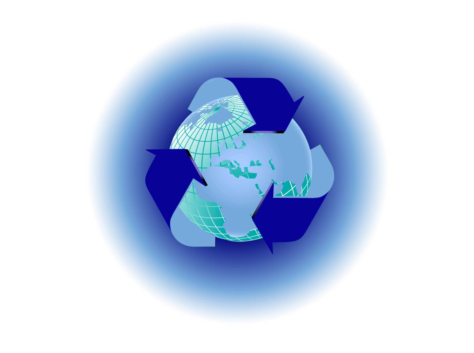 A  recycle environmental vector with a blue wire frame earth surrounded by a recycling symbol