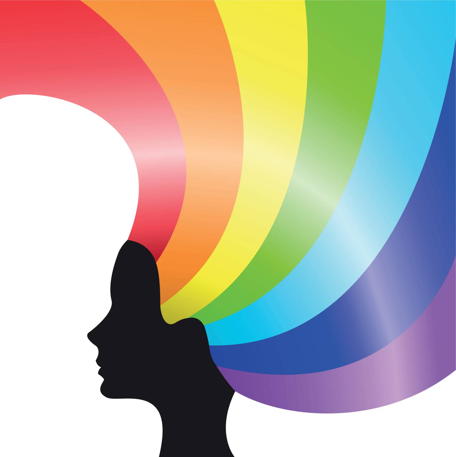 black silhouette of a female head with rainbow hair