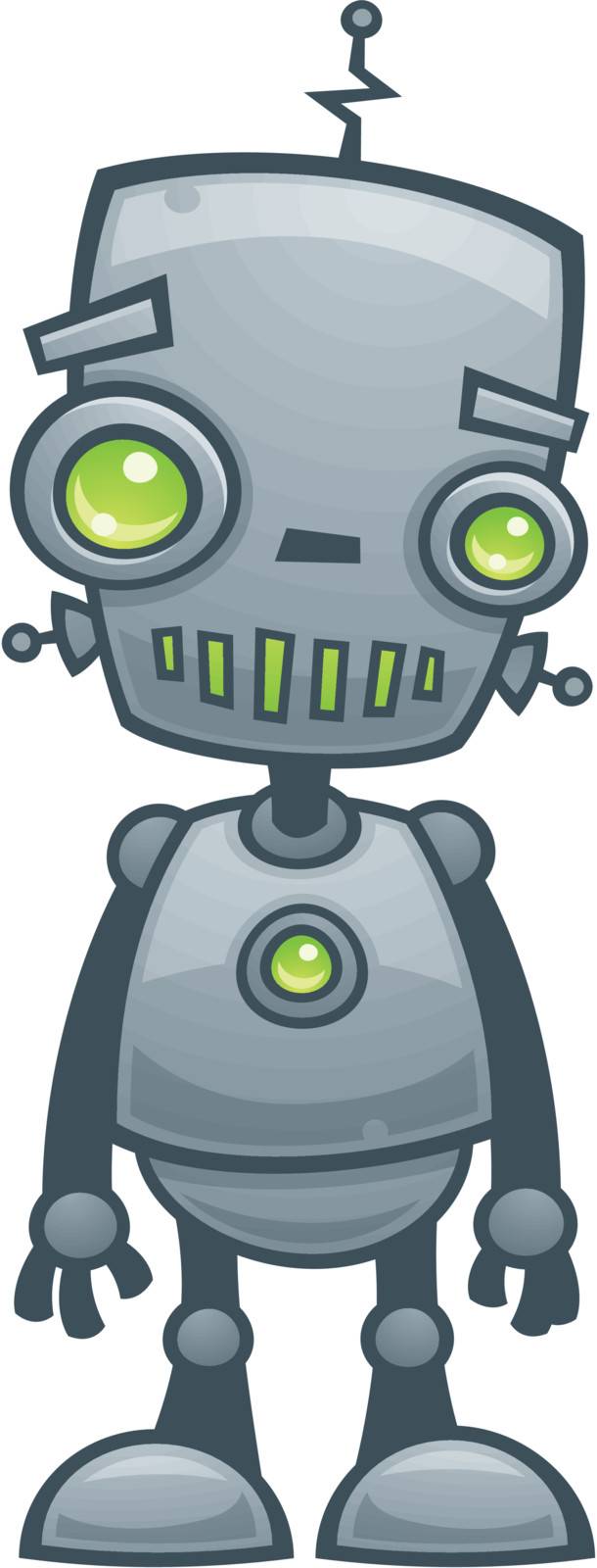 Cartoon vector illustration of a happy little robot with green eyes.