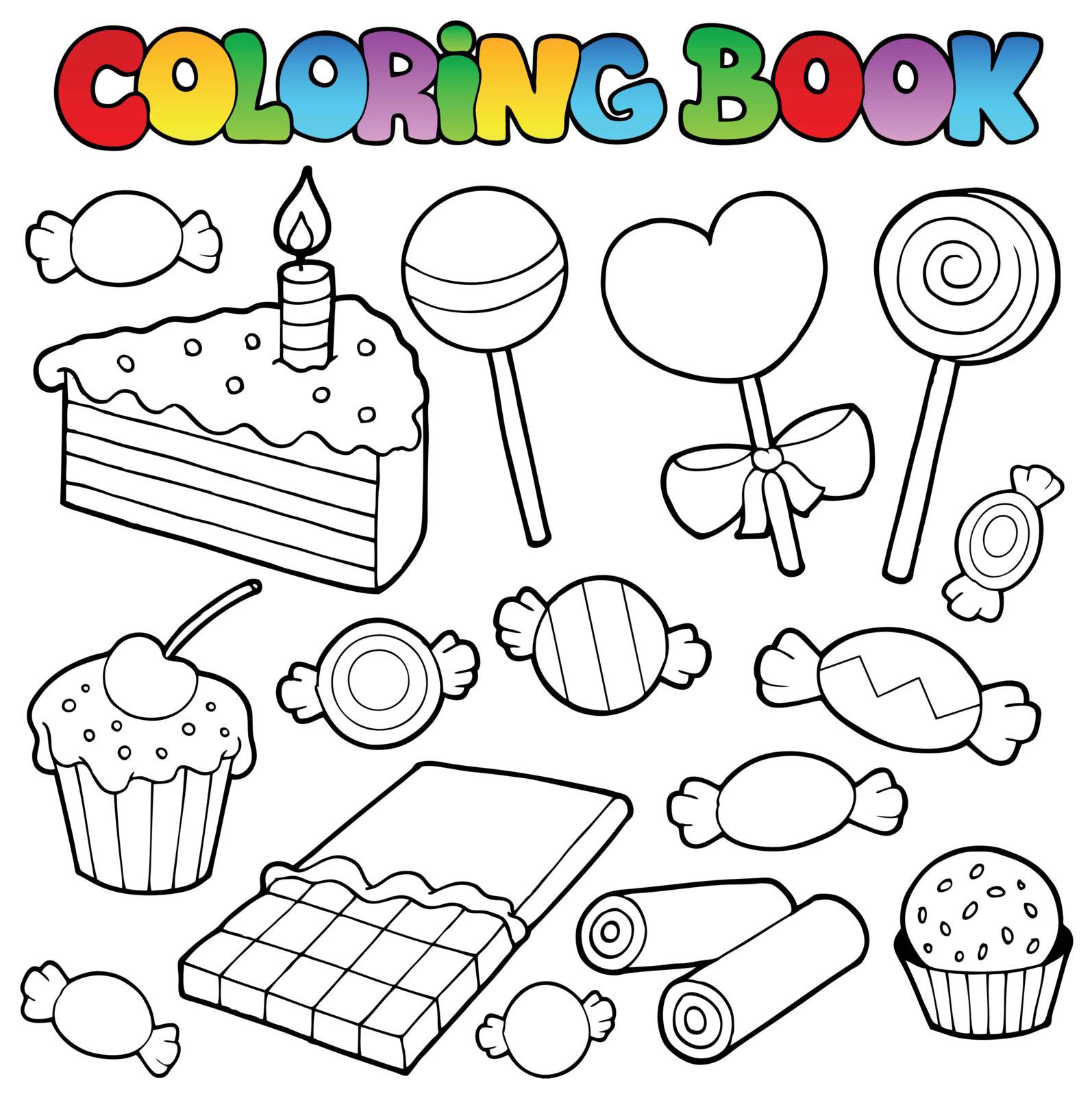 Coloring book candy and cakes - vector illustration.