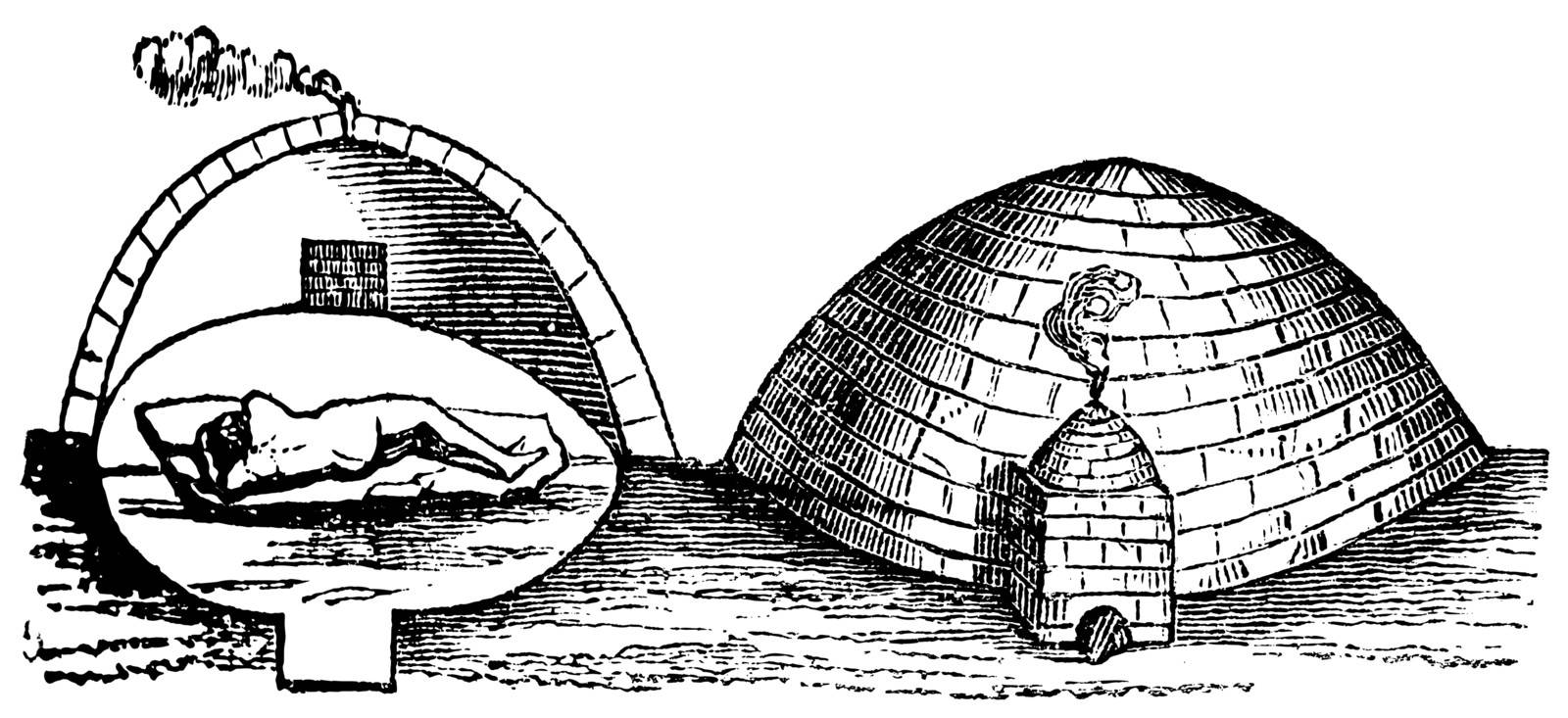 Mexican Vapor Bath or Temazcal, vintage engraving. Old engraved illustration of a Mexican Vapor bath showing cross-section of the chamber (left) and the pit (right).
