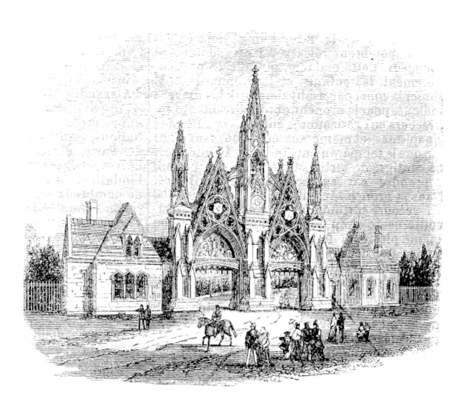 The entrance of GreenWood Cemetery at Brooklyn, United States. Vintage engraving from 1890s. Old engraved illustration of the Greenwood cemetery gates, with a horseman and people nearby.