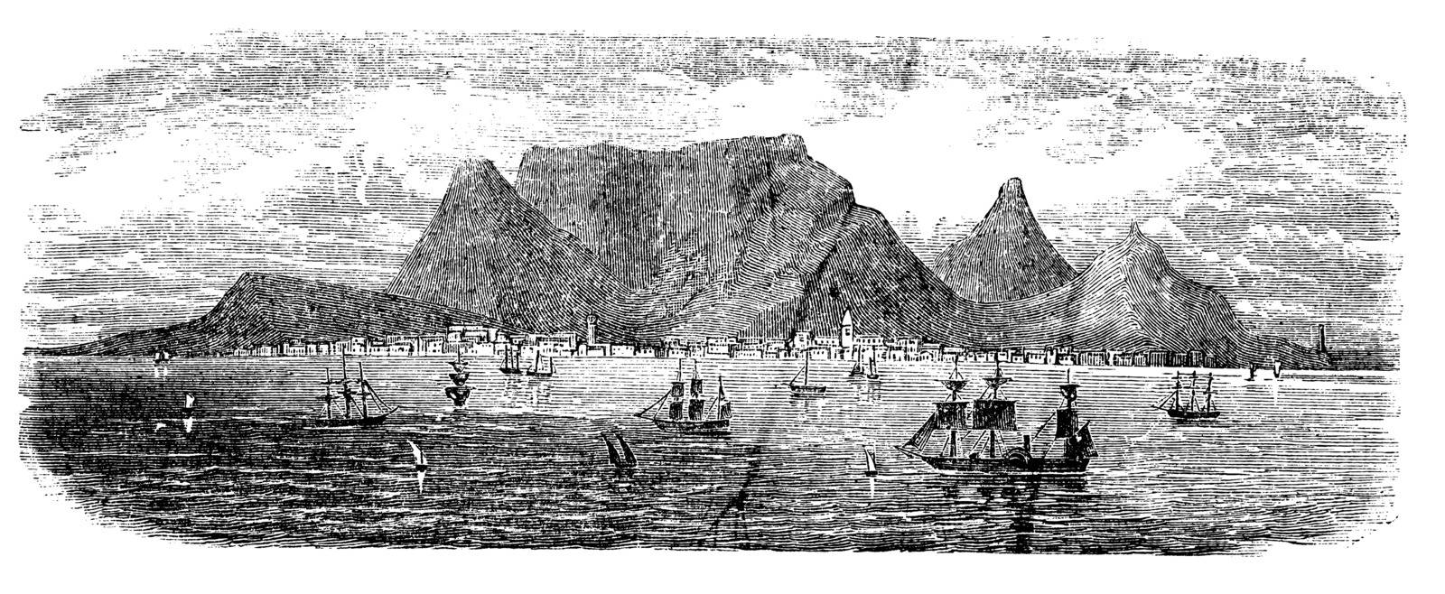 Scenic view from Table bay vintage, Cape Town, South Africa vintage engraving. Old engraved illustration view of Table Mountains near Cape town with ships, 1890s.
