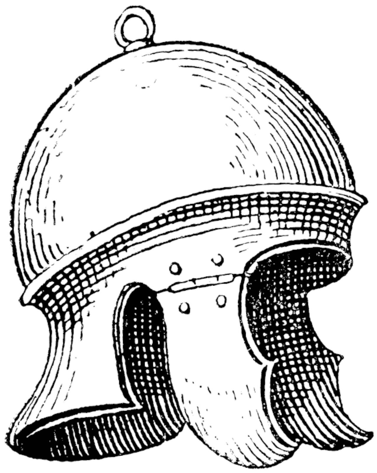 Roman legionnaire's helmet or galea vintage engraving. Old engraved illustration of legionnaire's helmet.