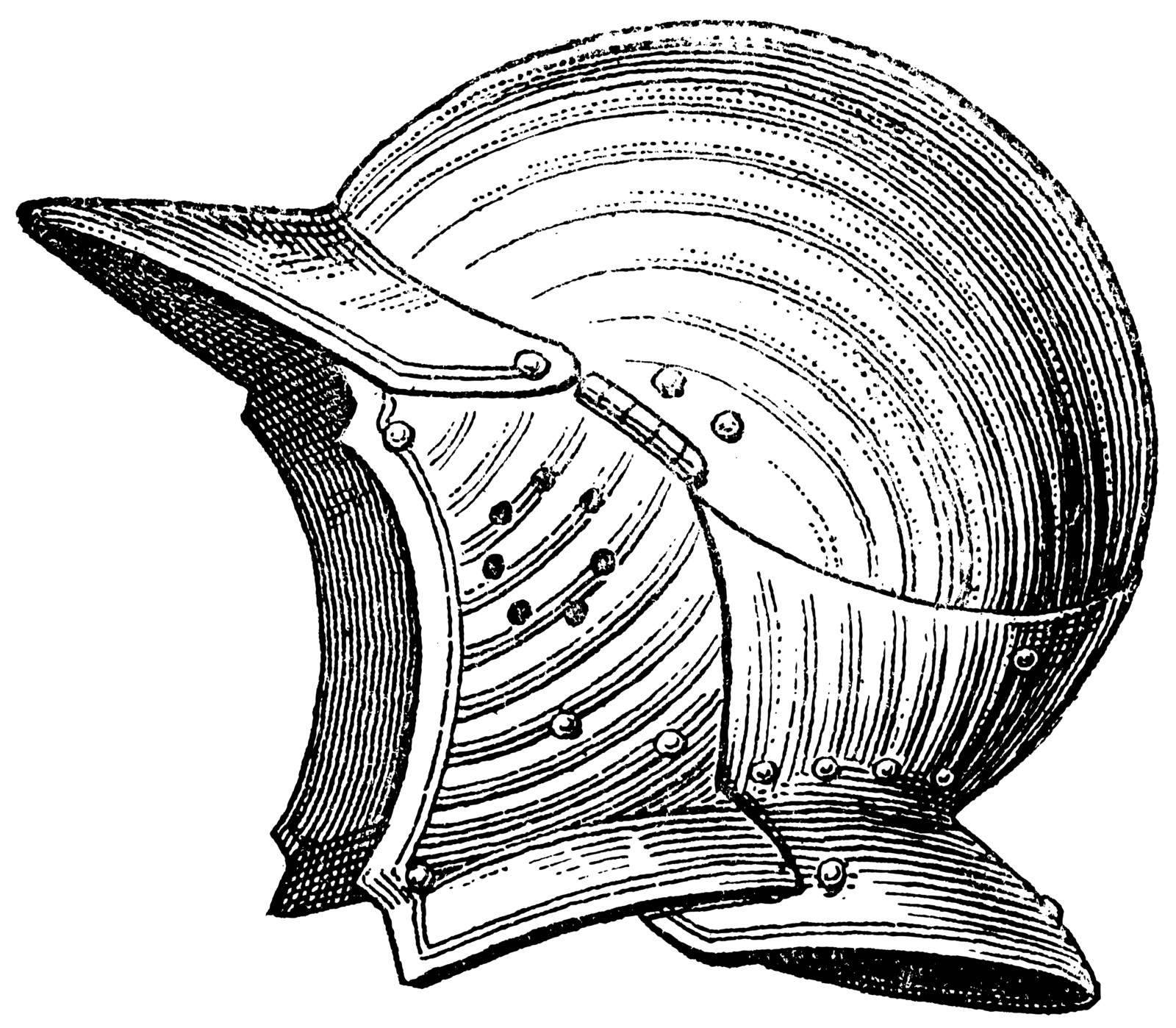 Pot head or helmet or galea vintage engraving. Old engraved illustration of ancient helmet.