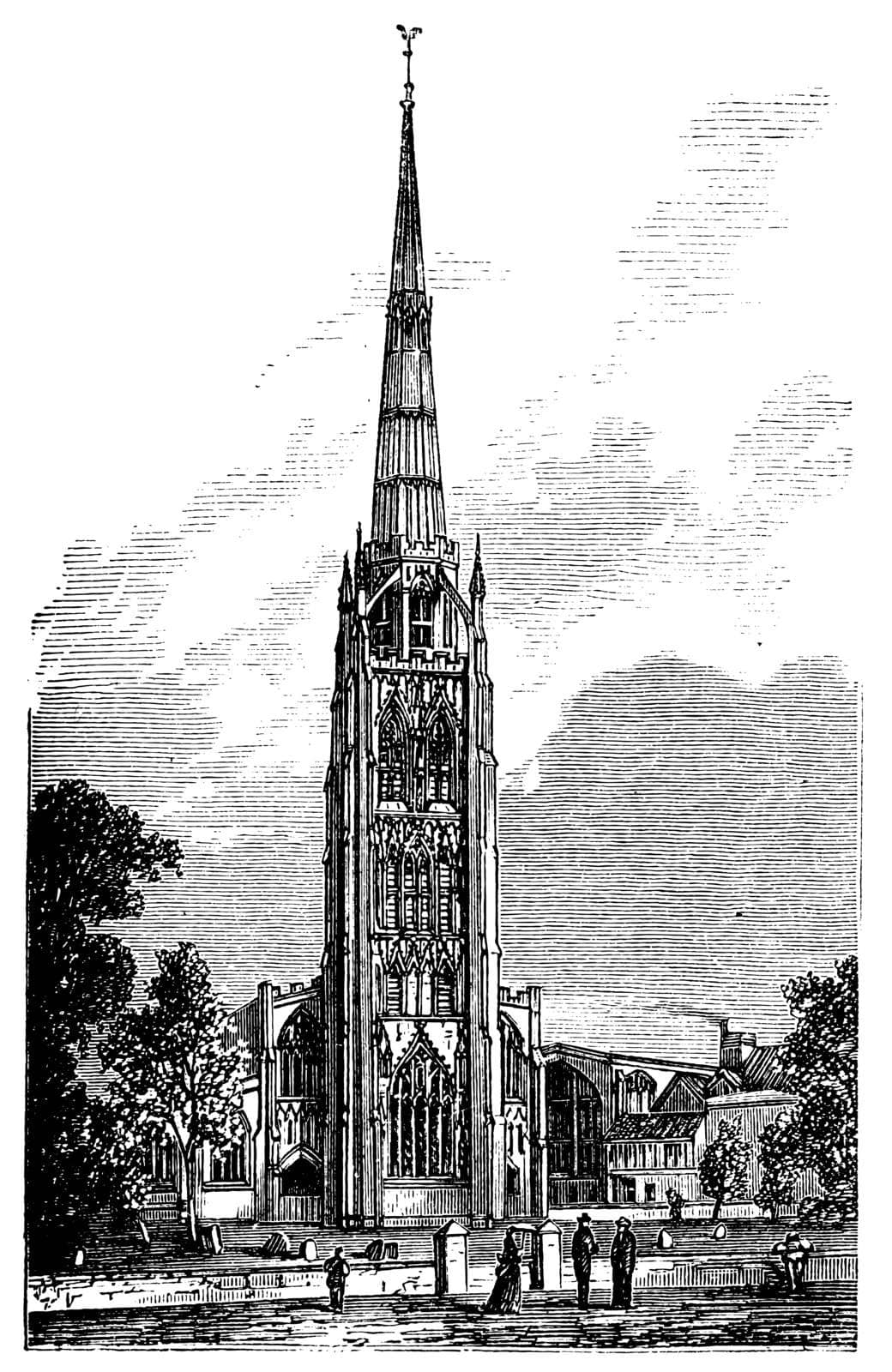Coventry Cathedral or Saint Michael's Cathedral in England, United Kingdom, during the 1890s, vintage engraving. Old engraved illustration of Coventry Cathedral showing the bell tower.