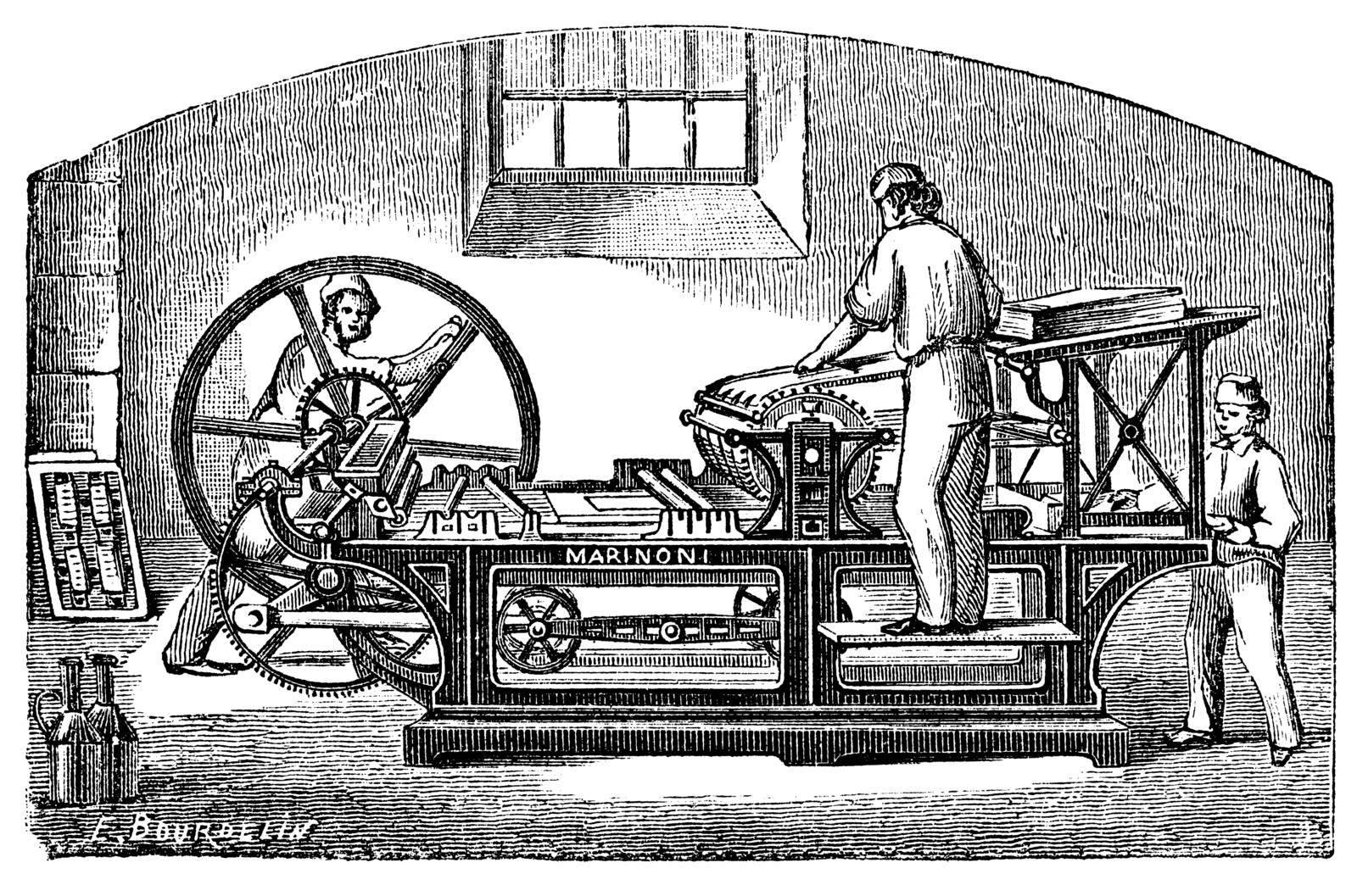 Marinoni printing press, vintage engraving. Old engraved illustration of Marinoni printing press with three workers operating it.
