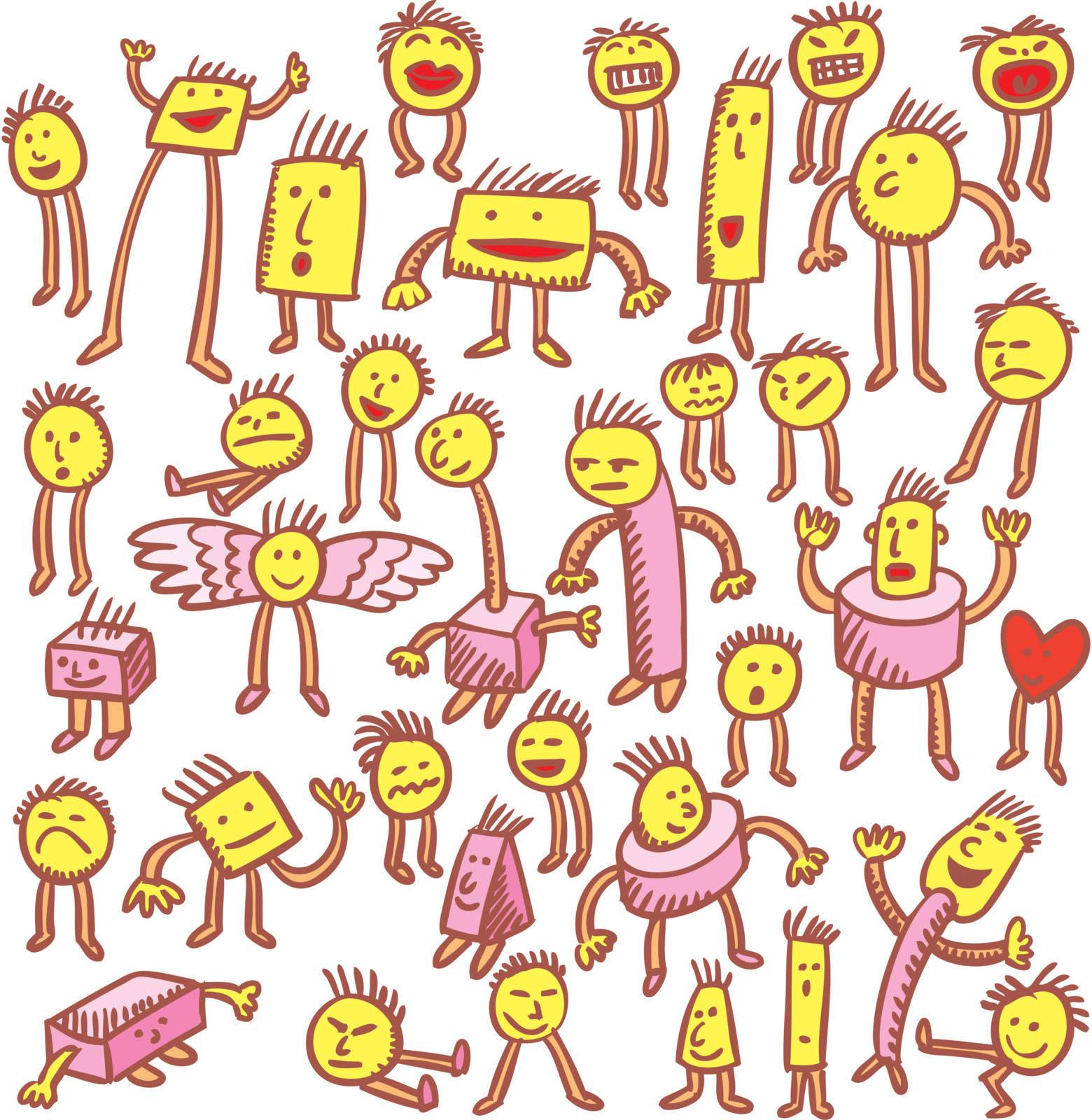 Various characters hand drawn in emoticons style.
Each character stand in his layer.