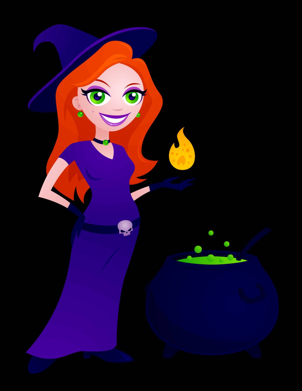 Cartoon illustration of a cute young witch holding a flame and standing next to a bubbling cauldron. Great for Halloween. Looks great on black or white background.