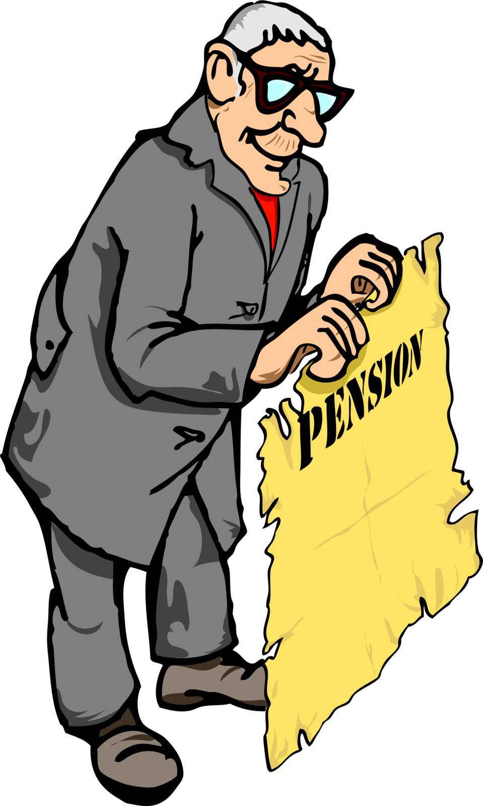 Figure pensioner with a pension insurance policy in hand.