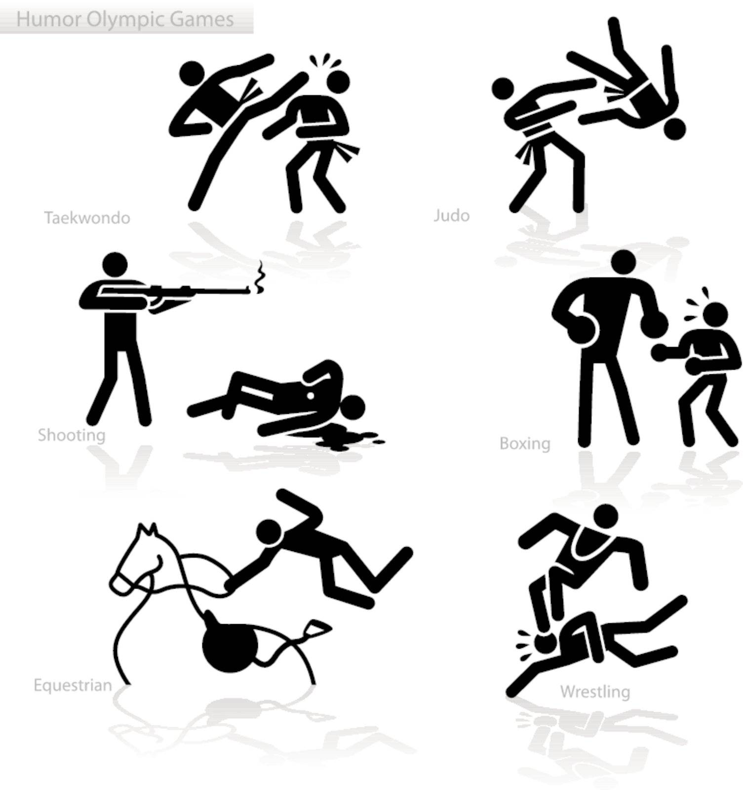 Olympic games see through an humor point of view. Set 4.
In detail: Tae Kwon Do, Judo, shooting, Boxing, Equestrian, Wrestling