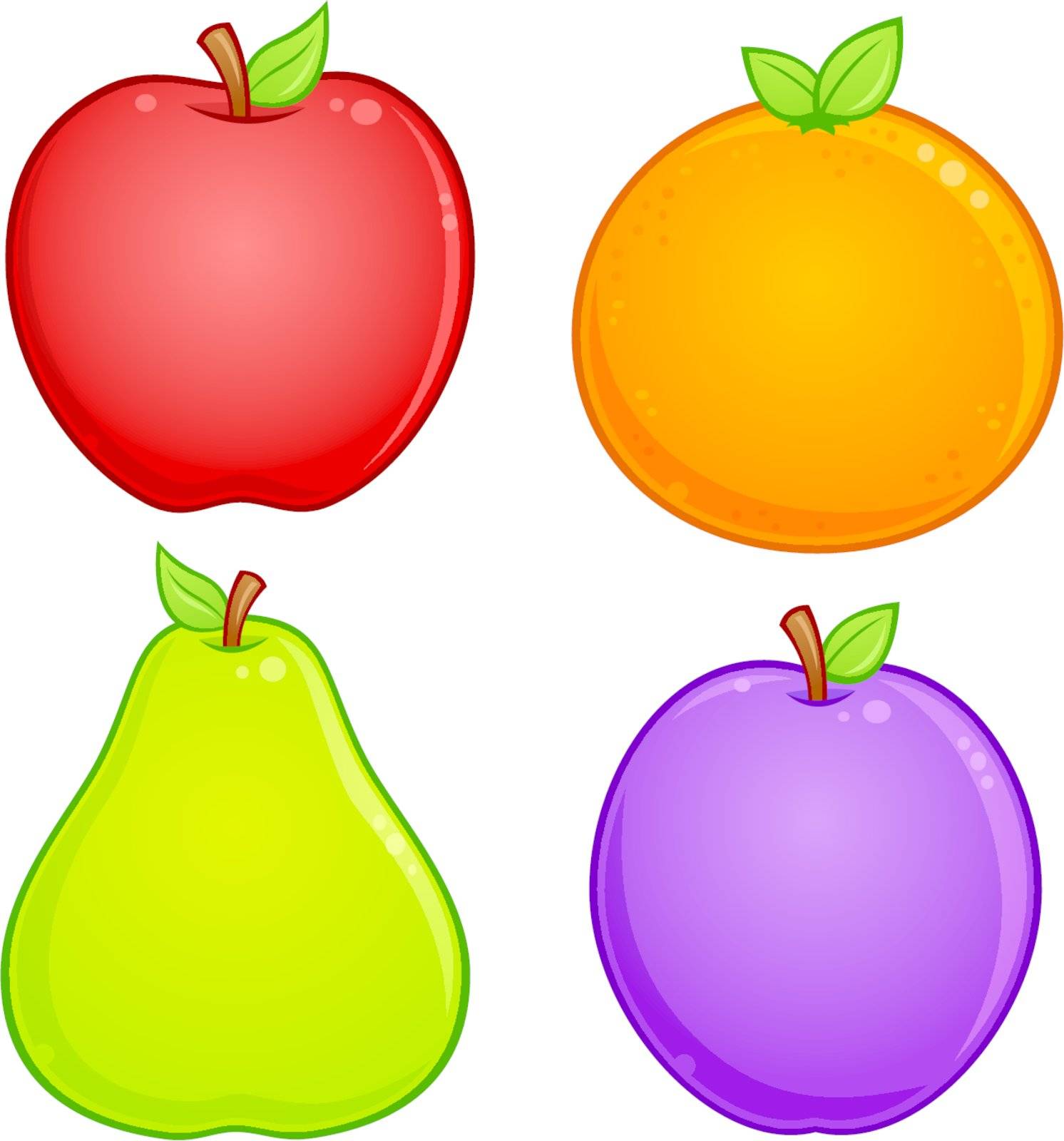 Vector cartoon illustration of various fruit. Apple, orange, pear and plum drawings included.