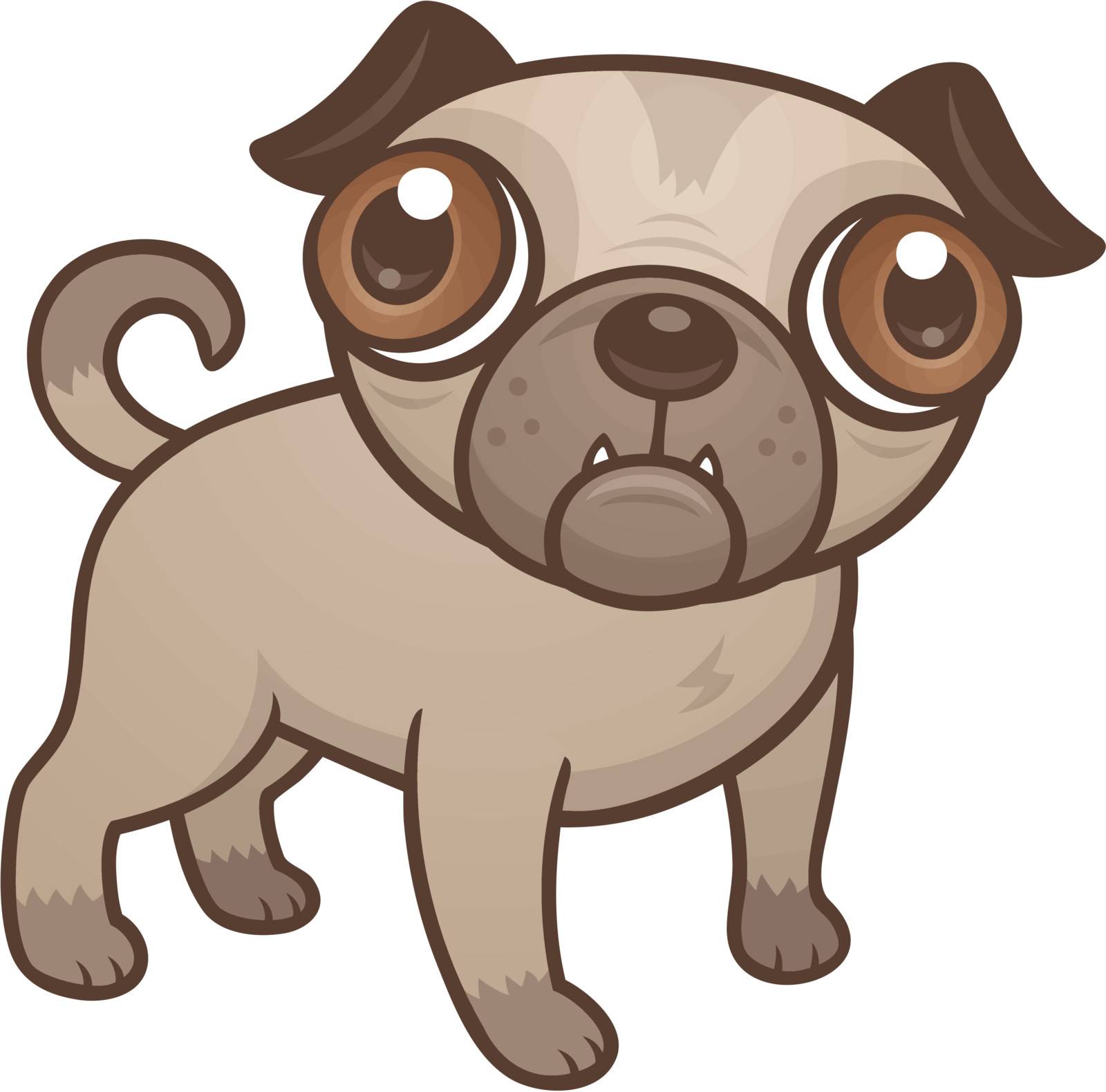 Vector cartoon illustration of a cute Pug puppy dog with really big brown eyes.