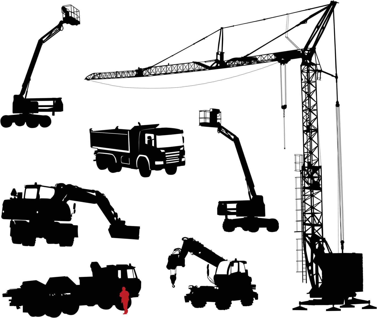 Detailed silhouettes of construction machinery.
