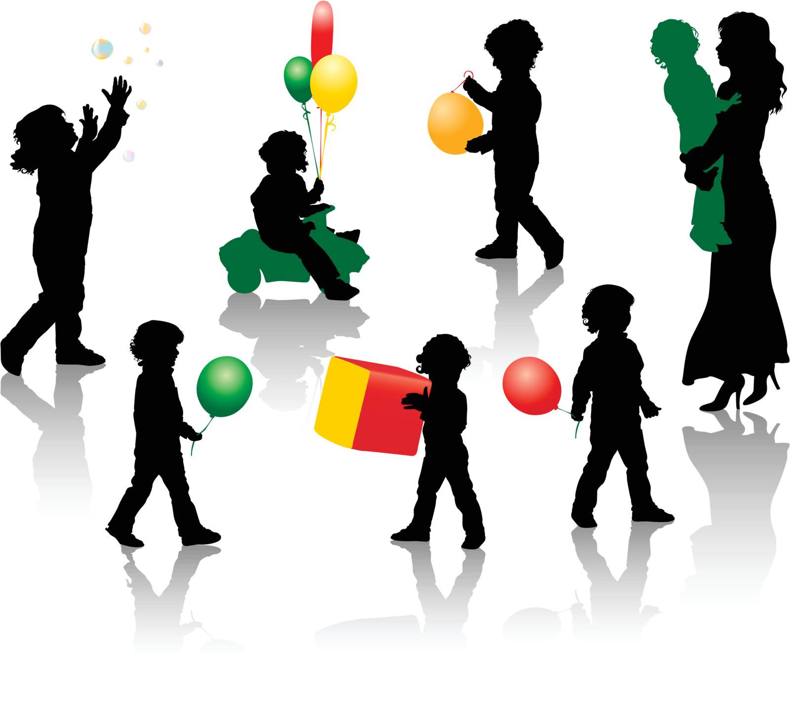 The silhouettes of a boy playing with a balloon, bubbles, toys. Silhouette mother with a boy in her arms.
